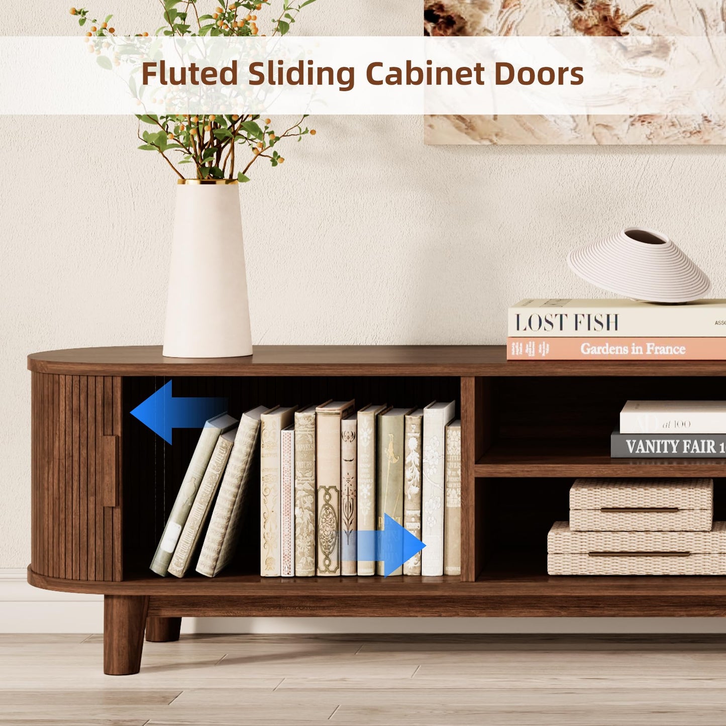 78.75" Curved TV Stand with Storage Cabinets & Open Shelves, Farmhouse Entertainment Center with Sliding Doors, Wood Media Console for Living Room Hallway, Walnut