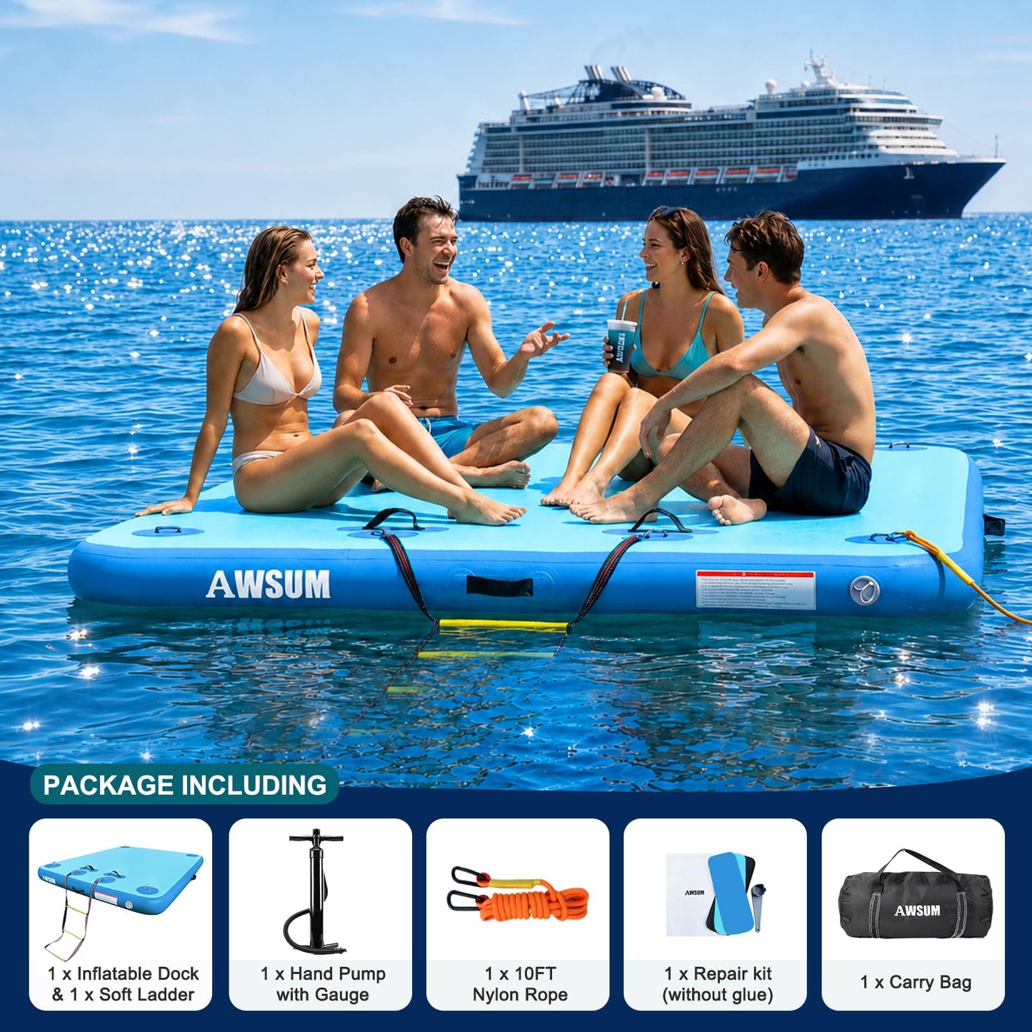 AWSUM Inflatable Floating Dock, 8ft Non-Slip Swim Platform & Lake Island Raft for Pool, Beach, Ocean