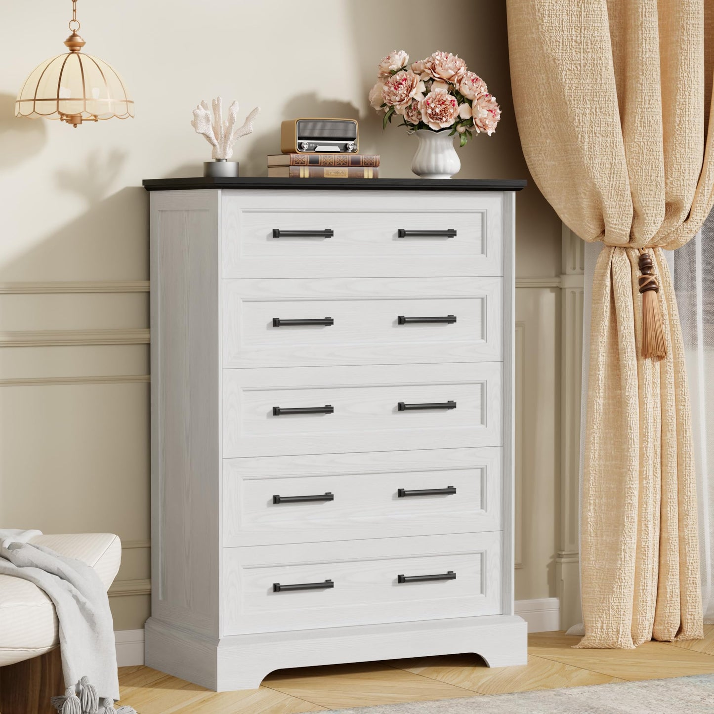 Furmax Farmhouse Dresser for Bedroom, 5 Drawers Dresser, Wood Chest of Drawers, 31.5" Wide Storage Dressers Organizer for Bedroom, Living Room (White and Black)