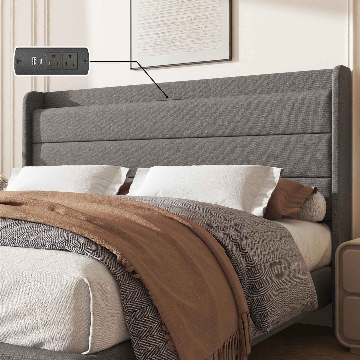 Lcwtvgxr Full Size Linen Multifunctional Bed Frame, Wingback Headboard with Charging Station & Storage Shelf, Upholstered Platform Bed, Noise Free, No Box Spring Needed, Easy Assembly, Grey