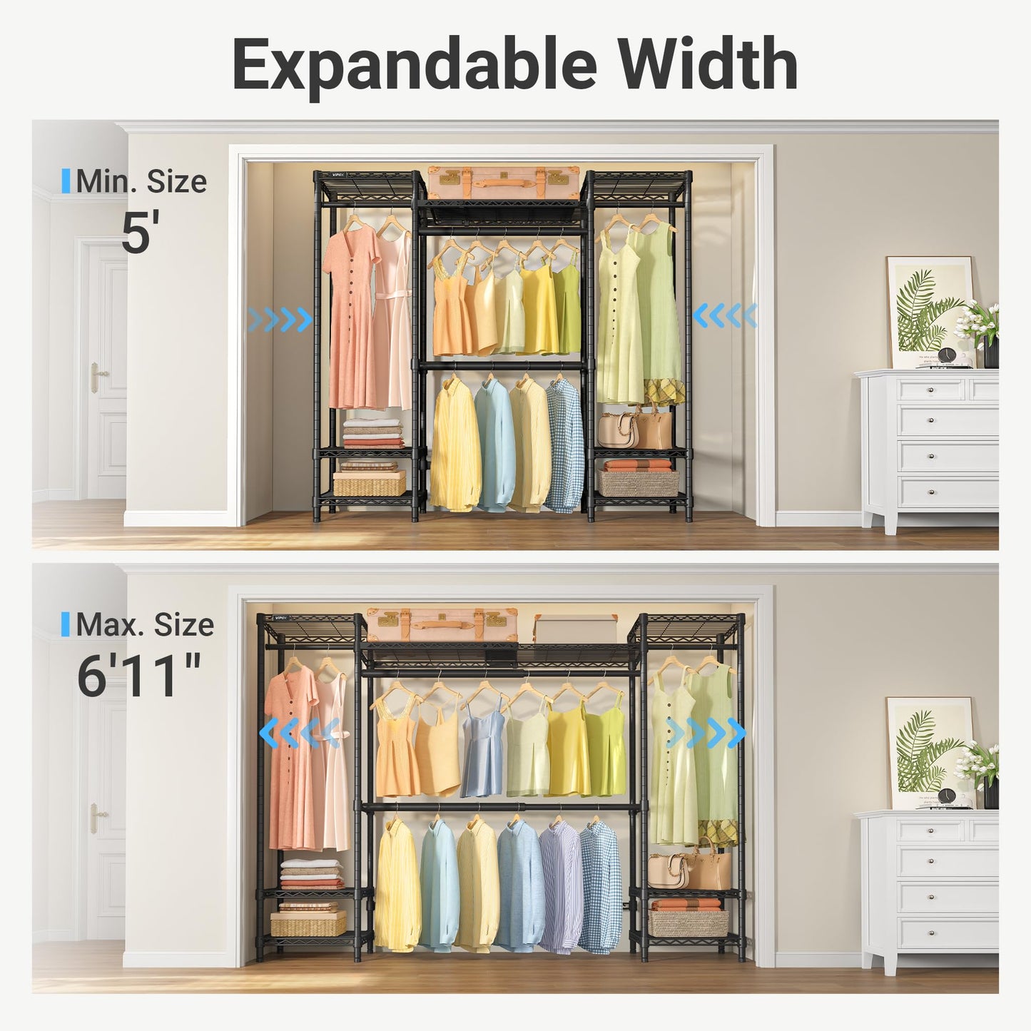 VIPEK X30 Expandable Clothes Rack Adjustable from 5' to 6'11", 950lbs Capacity Heavy Duty Portable Closet Wardrobe with 4 Hanger Rods & 7 Wire Shelves, Metal Closet System for Reach-in Closet, Black