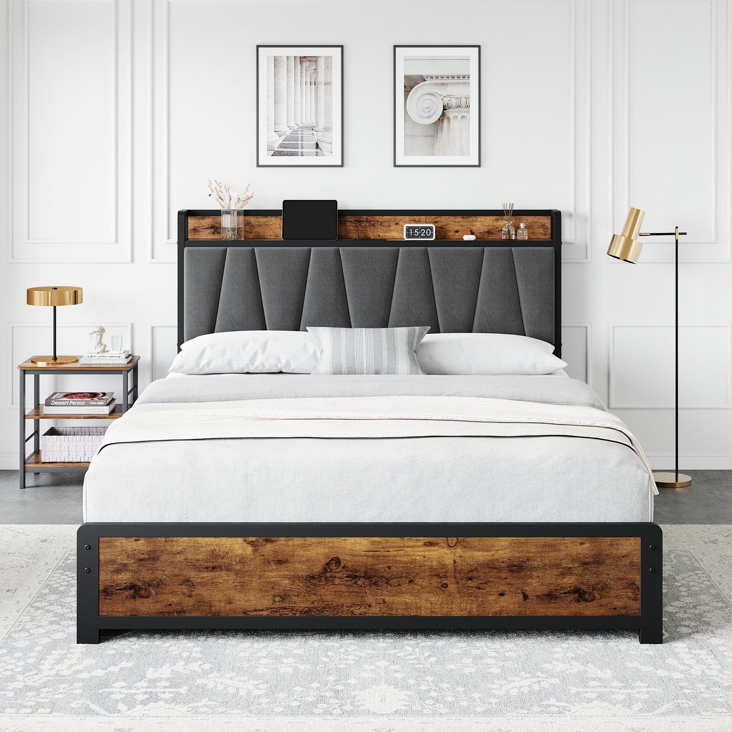 GarveeHome Full Size Bed Frame with Storage Linen Upholstered Headboard, 4 Drawers Platform Bed Frame with Charging Station, No Box Spring Needed, Easy Assembly, Rustic Brown