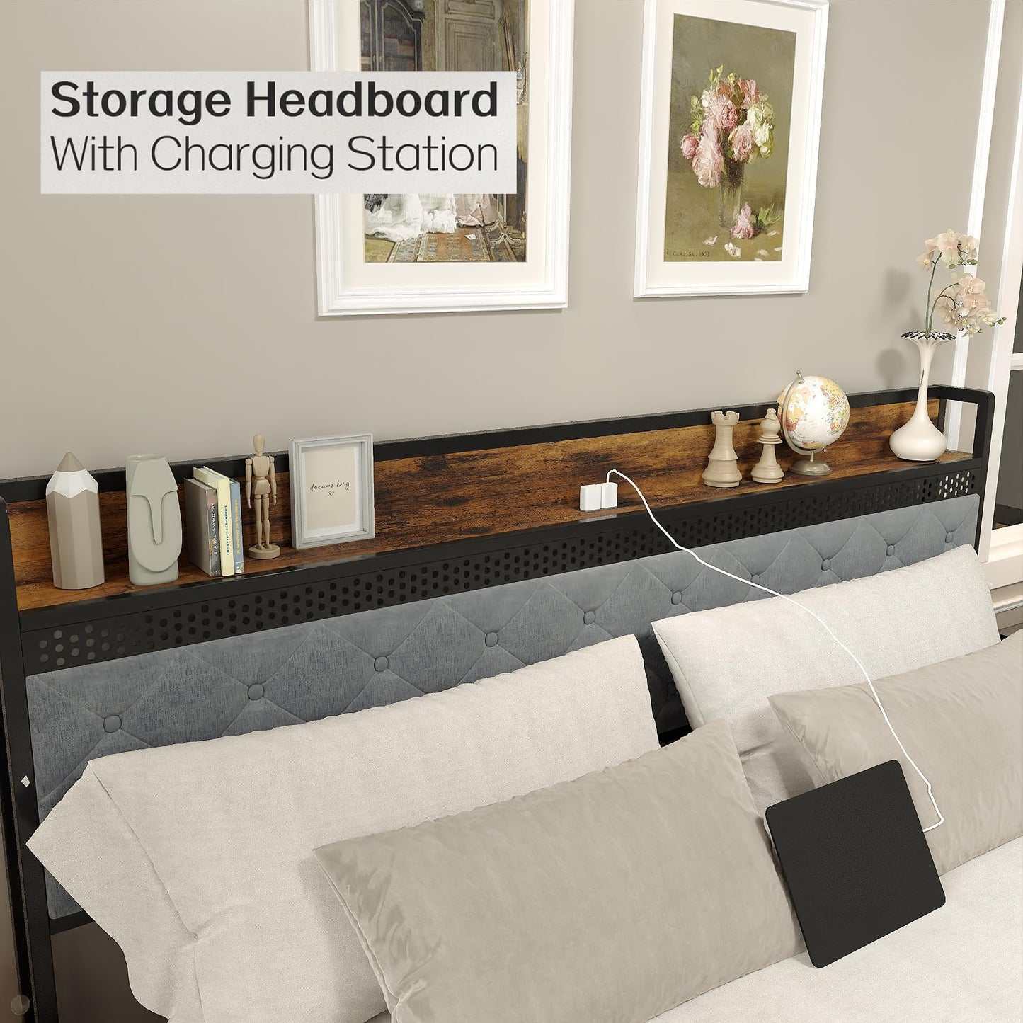 IDEALHOUSE King Size Bed Frame with Storage Headboard and 2 Drawers, Platform Metal King Bed Frame with LED Lights and Charging Station, Noise Free, No Box Spring Needed, Grey