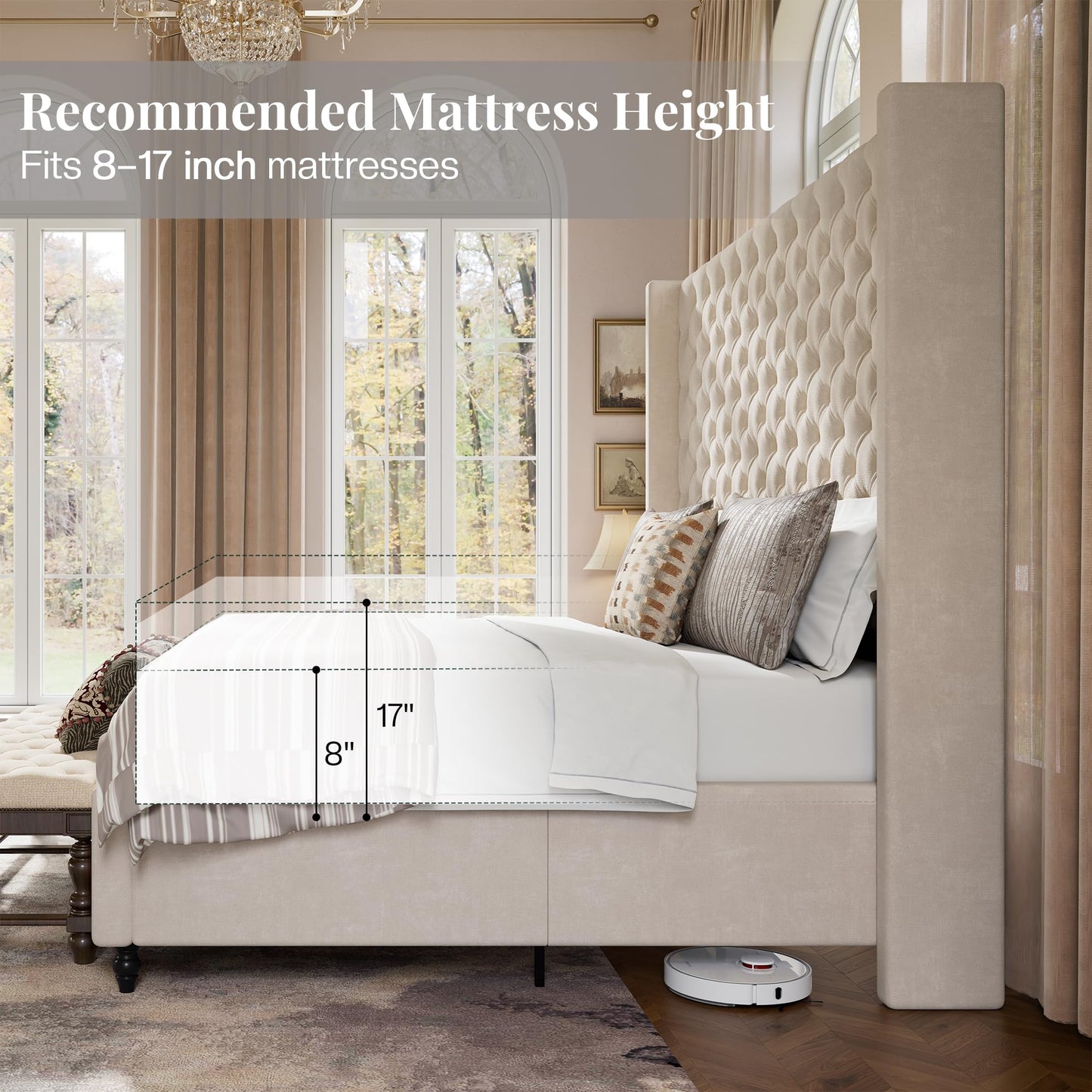 Jocisland King Size Bed Frame with 65" Tall Headboard, Upholstered Wingback Platform Design, Handcrafted Pleats & Deep Button Tufted, Solid Wood Legs, No Box Spring Needed, Cream