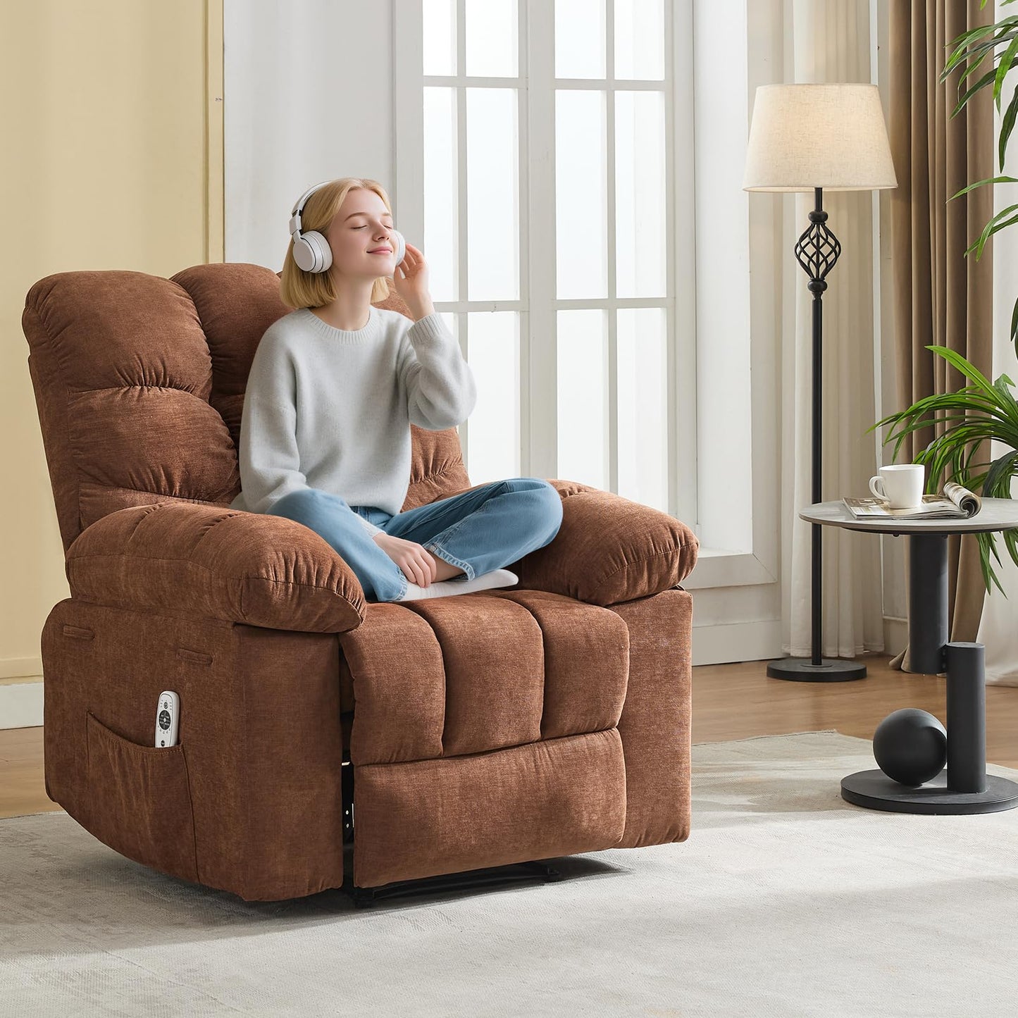 21.4'' Wide Recliner Chair,Massage & Heat Recliner Chair for Adults,Home Theater Seating with Lumbar Support,Ergonomic Breathable Fabric Nursery Rocking Chairs for Living Room