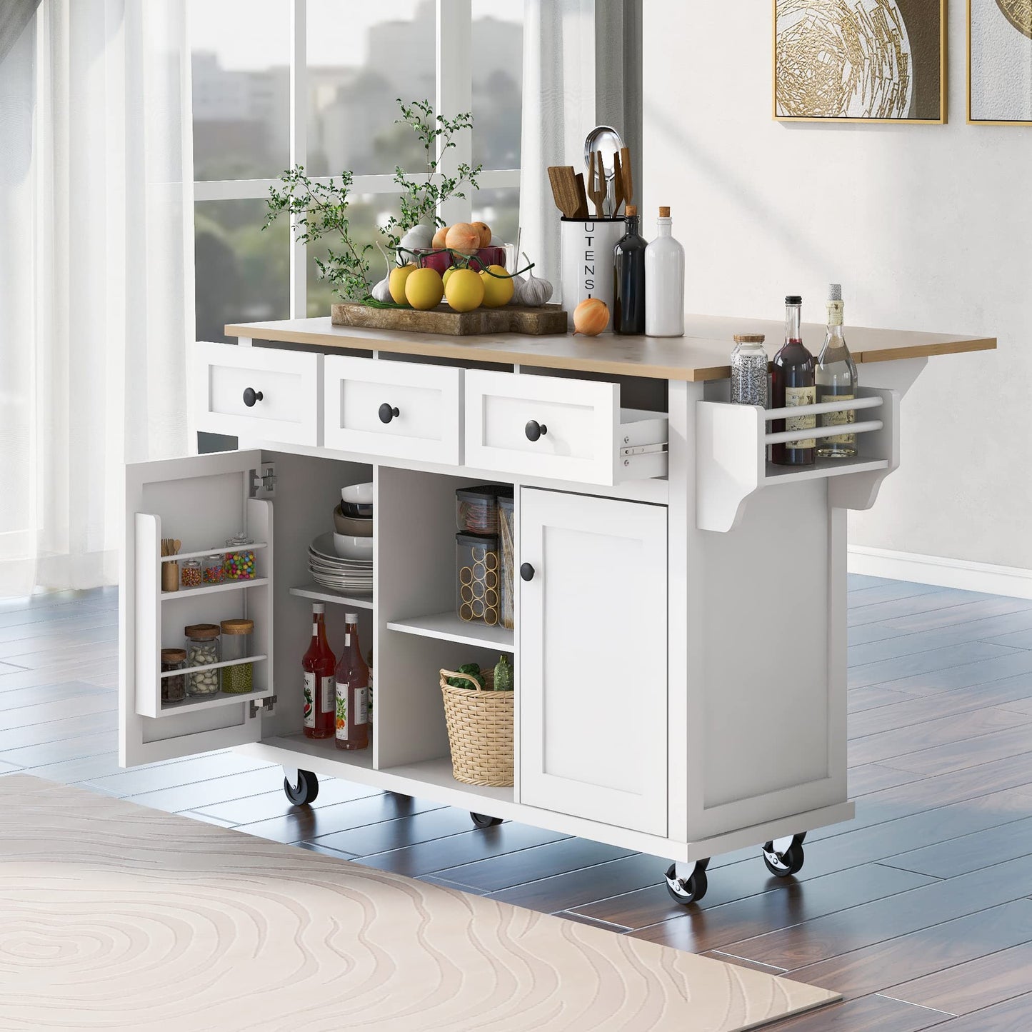 Favfurish Multipurpose Kitchen Cart Cabinet with Rubber Wood Drop-Leaf Countertop,Internal Storage Cabinet Racks W/ 5 Wheels & 3 Drawers for Dining Room, Home,Bar,White