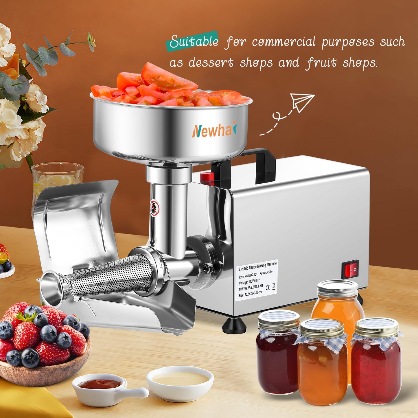 Newhai 450W Electric Tomato Strainer Commercial Tomato Milling Machine Stainless Steel Food Press Sauce Maker Food Squeezer Machine 110volt