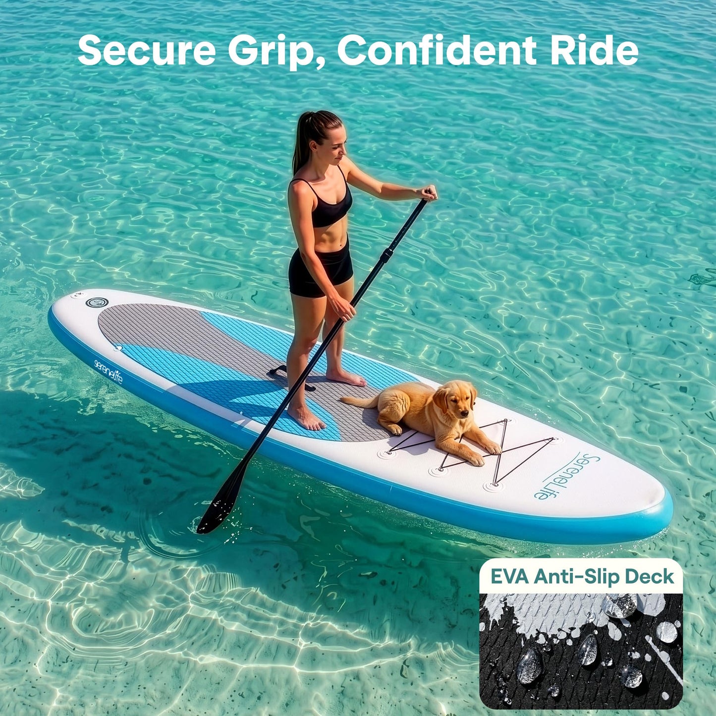 SereneLife 10’ Inflatable Stand Up Paddle Board with Premium SUP Accessories - 32” Wide Stable Design with Non-Slip EVA Deck Pad, for Youth and Adults, 275 lbs. Capacity