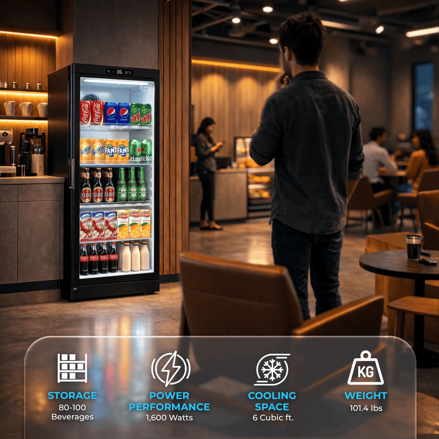 GRS Commercial Display Refrigerator with Glass Door Lock | Cool Air Flow & Temperature | Beverage fridge, Drink and Wine Cooler with Adjustable Display Shelf for Stores and Bars | Black, 7.1 Cu. Ft