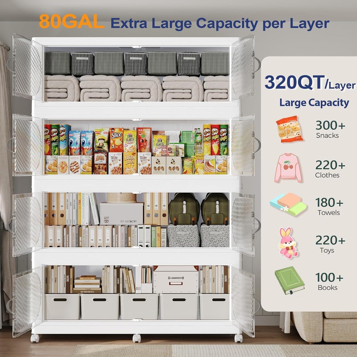 QAVABIN 1280QT Extra Large Stackable Storage Bins with Lid, 320Gal Plastic Closet Organizers and Storage Drawer, Collapsible Cabinet Box with Wheels Clear Doors for Home Kitchen Office, 4Pack White