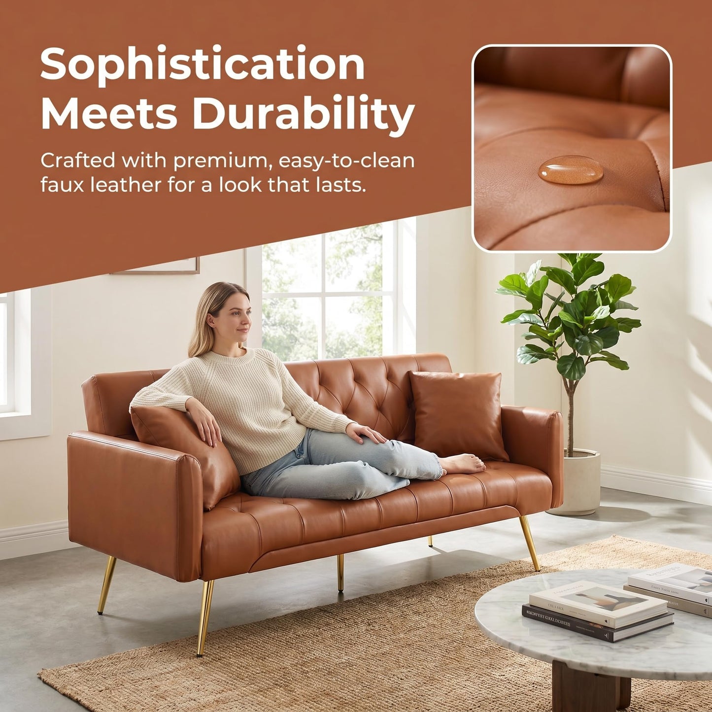Trygoal Futon Sofa Bed, PU Leather Futon Couch Bed with Adjustable Backrest, Convertible Sofa Beds with 2 Throw Pillows, Small Couches for Small Spaces, Apartment, Bedroom, Living Room, Brown
