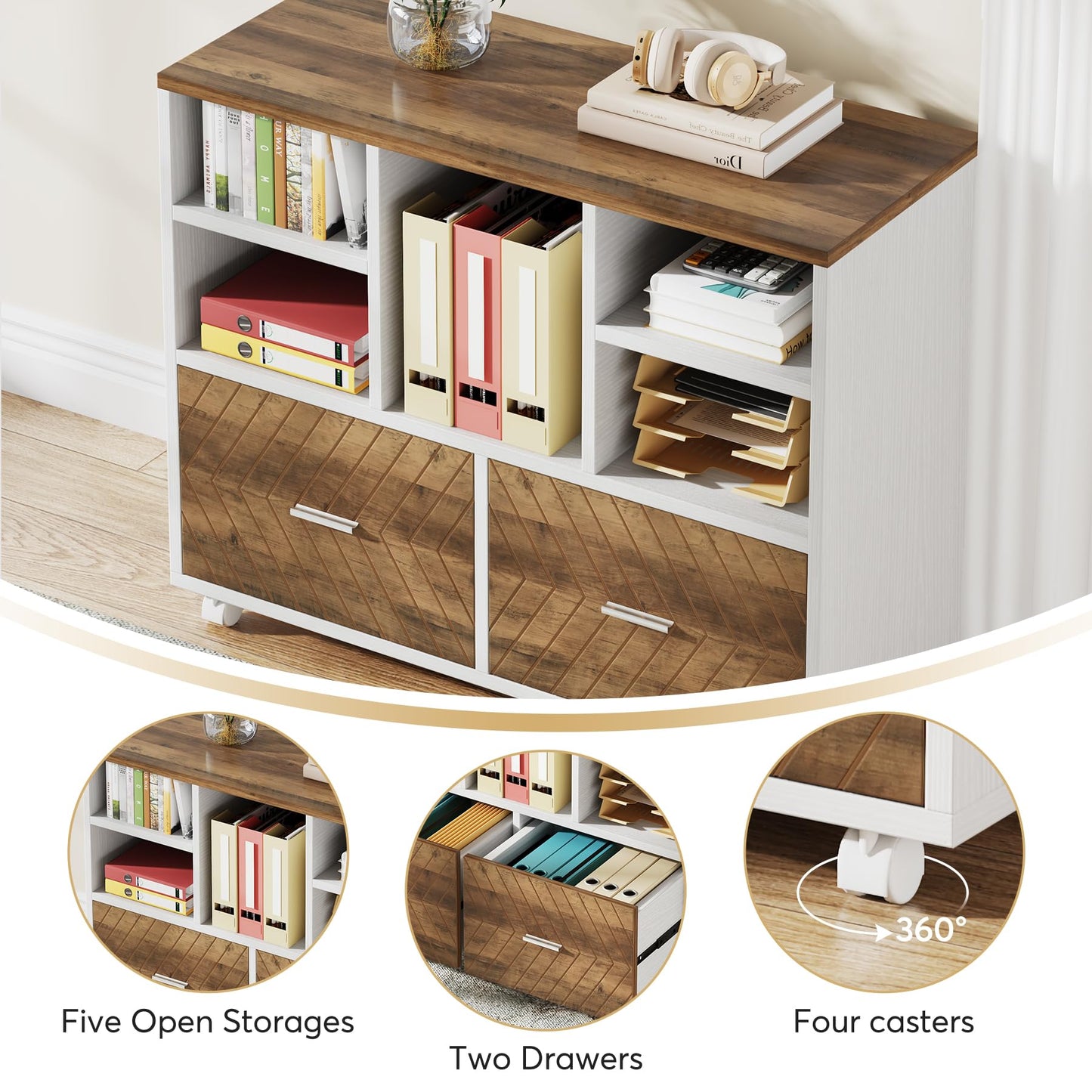 Tribesigns 2-Drawer Wood File Cabinet, Mobile Lateral Filing Cabinet for Hanging Letter Size Files, Printer Stand with Open Storage Shelves for Home Office (Oak Karo & White)