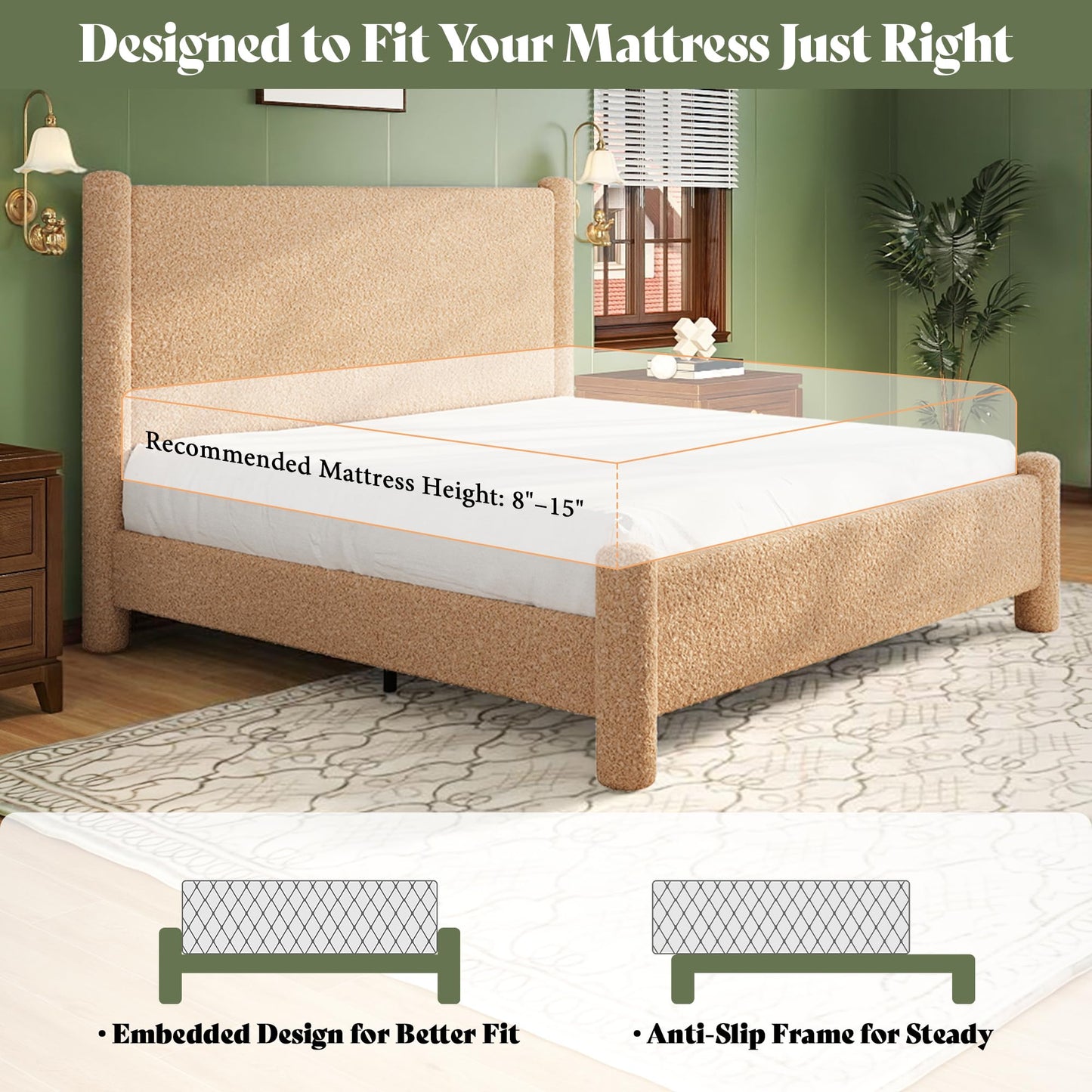 AMERLIFE King Boucle Cloud Upholstered Bed Frame with Cylinder Headboard, Modern Platform Structure, Sherpa Boucle Soft Design, No Box Spring Needed, Khaki