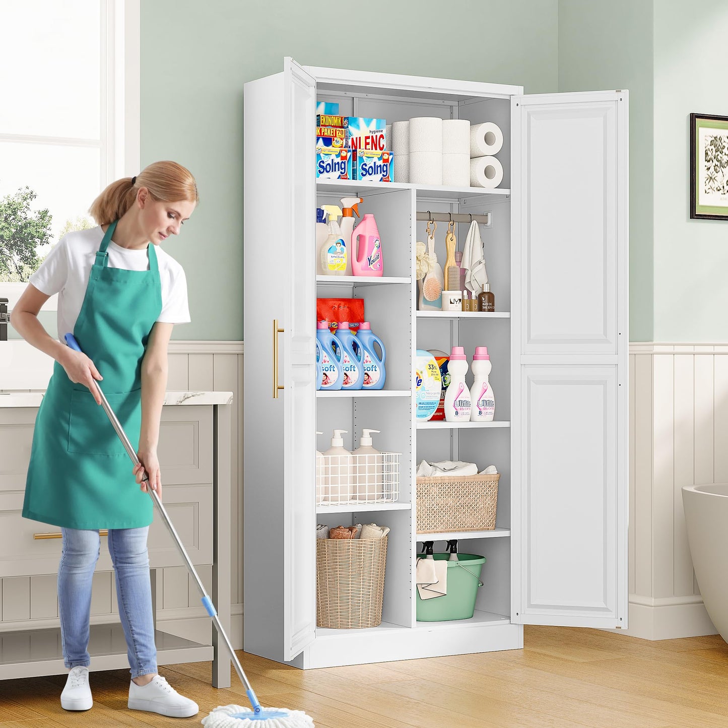 SISESOL 71" Tall Storage Cabinet with 9 Shelves and Hanging Rod,Kitchen Pantry Cabinet with 2 Door,White Metal Storage Cabinets,Large Cupboard for Home,Kitchen,Laundry,Bathroom