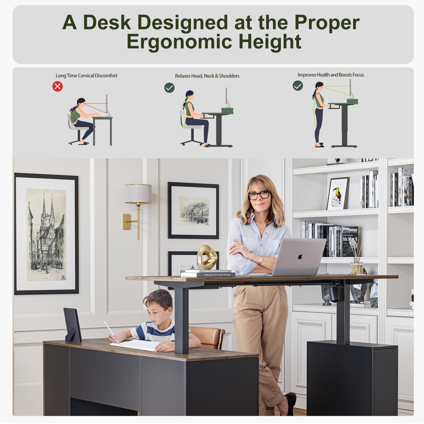 BANTI Executive L Shaped Standing Desk with 3-Drawer File Cabinet, 63" Electric Height Adjustable Stand up Desk for Home Office, Computer Desk with Storage Cabinets, Black Walnut Top
