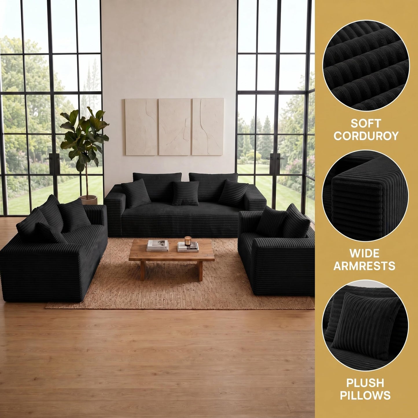 Trygoal 3-Pieces Sectional Boneless Couch Set for Living Room, Oversized Couch Including 3-Seater & 2-Seater & Single Chair, Deep Seat Sofa Set with Armrests & Pillows,No Assembly Required, Black