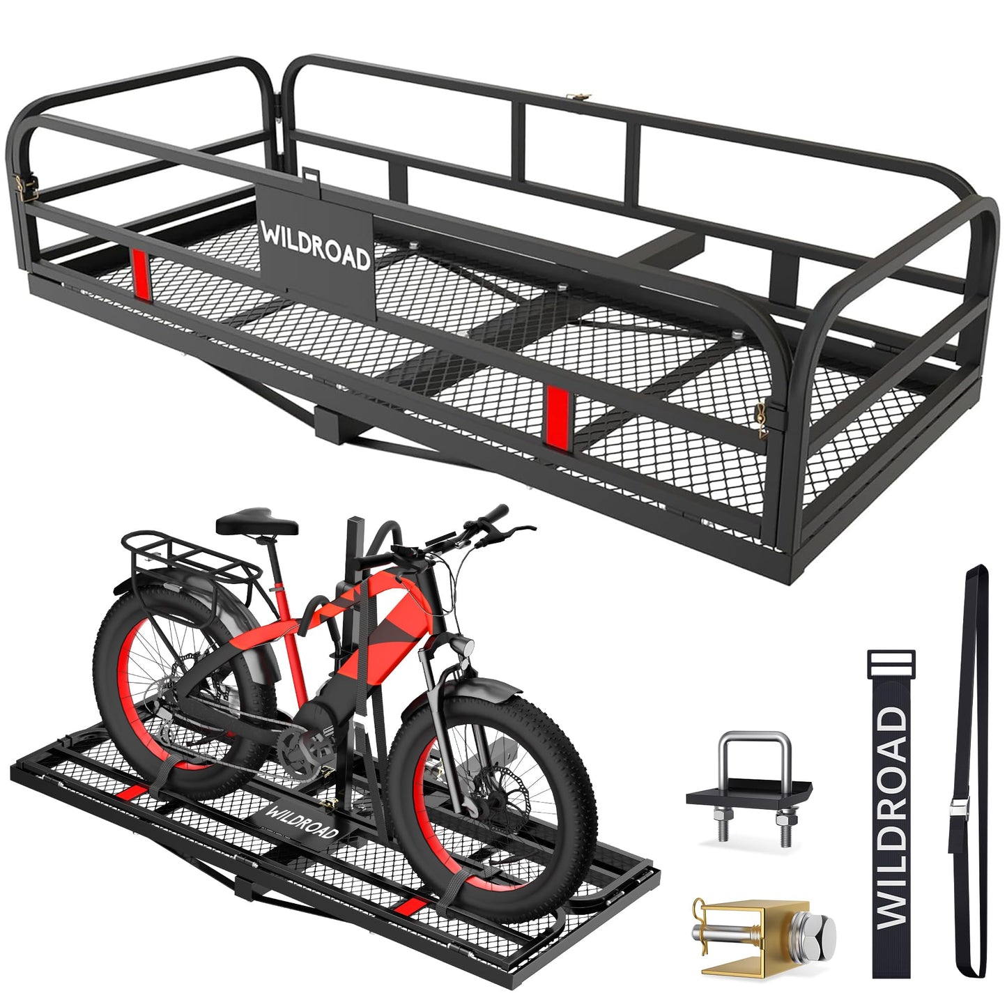Wildroad Hitch Cargo Carrier with Bike Rack 60" x 24" x 14" Folding Trailer Hitch Cargo Carrier 500 LBS Capacity for Standard, Fat Tire and Electric Bike Fits 2" Receiver 60" Basket+Bike Rack