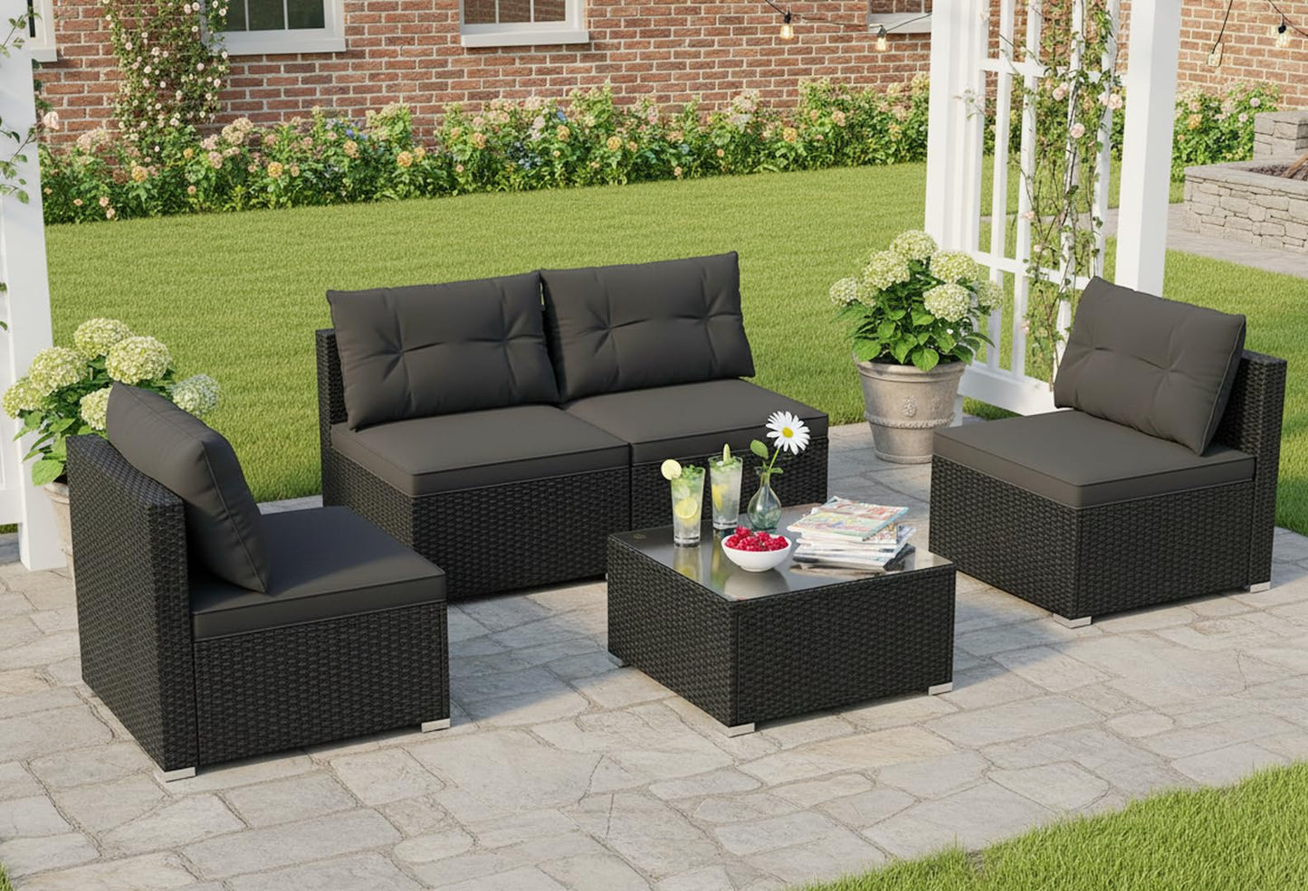 Tangkula 5 Piece Rattan Sofa Set, Outdoor Wicker Furniture Set w/Seat & Back Cushions, Square Coffee Table, Patio Sectional Sofa Set for Backyard, Poolside, Garden (Black)