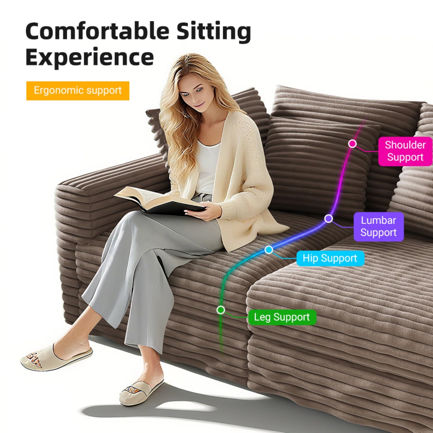 KEIKI 102.4" Sectional Couches, Modern Comfy Upholstered Sofa Cloud Couch, Deep Seat 4 Seat Sofa Set with Soft Pillows for Living Room Bedroom,Apartment,Office, Camel