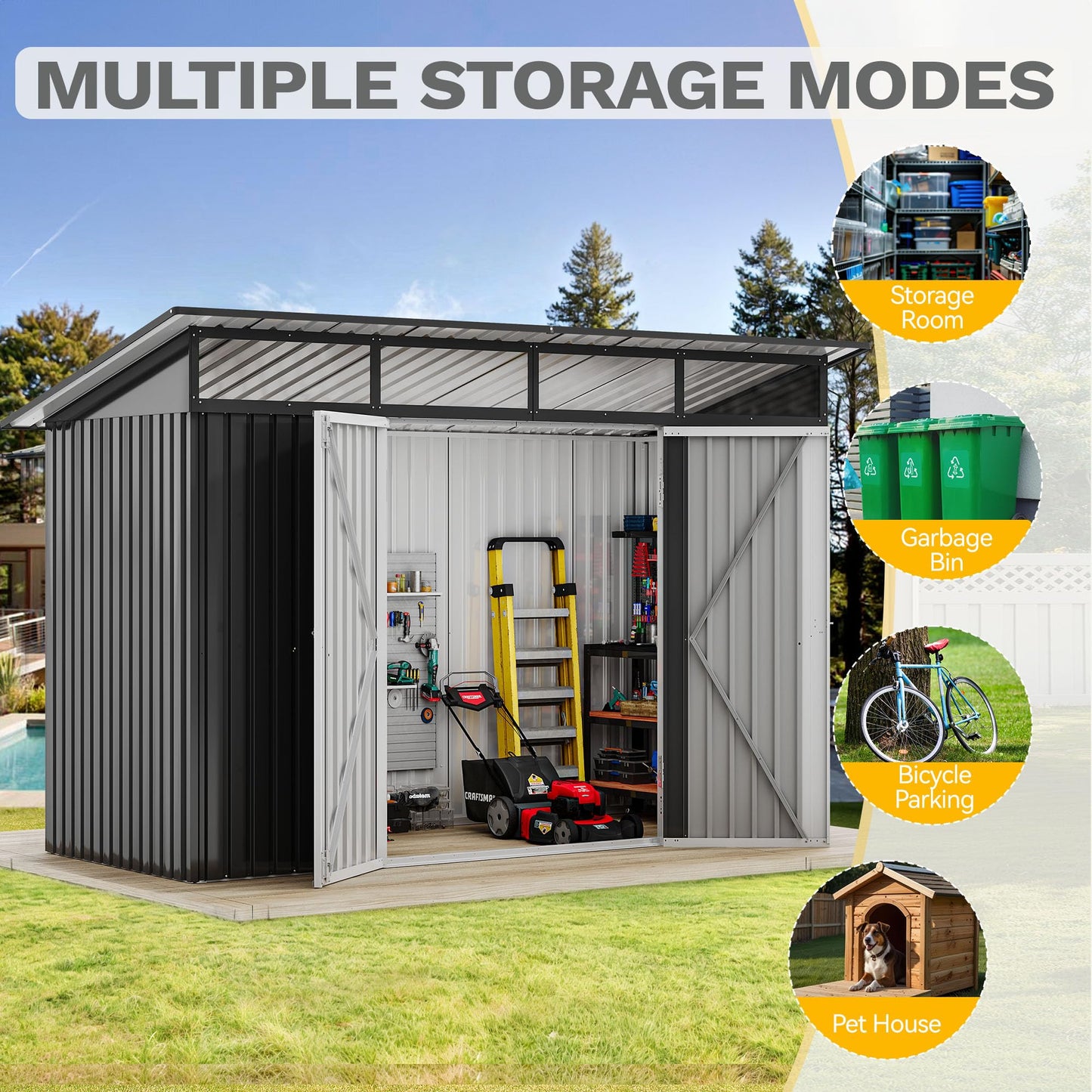 DWVO 9x4 FT Outdoor Storage Shed with Acrylic Windows, Utility Tool Shed Metal Storage Garden Shed with Door & Lock for Bike Storage, Waterproof Trash Shed for Backyard Garden Patio, Dark Dray