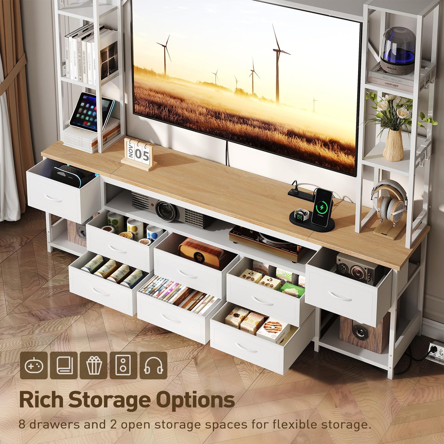 RALGEND Large Entertainment Center for Living Room, Wall Unit TV Stand with Bookshelves for TVs up to 65", Media Cabinet with Storage Drawers, LED TV Console with Power Outlets, White and Natural
