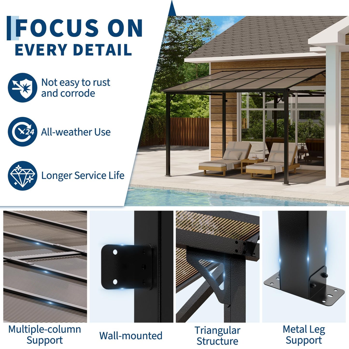 Hetoy 10 x 10 FT Wall Mounted Gazebo Pergola for Patio, Hardtop Gazebo with Sloped Polycarbonate Roof, Lean to Carport with 4-Pillar Aluminum Frame, Outdoor Garden Deck Shade for Decks, Backyard