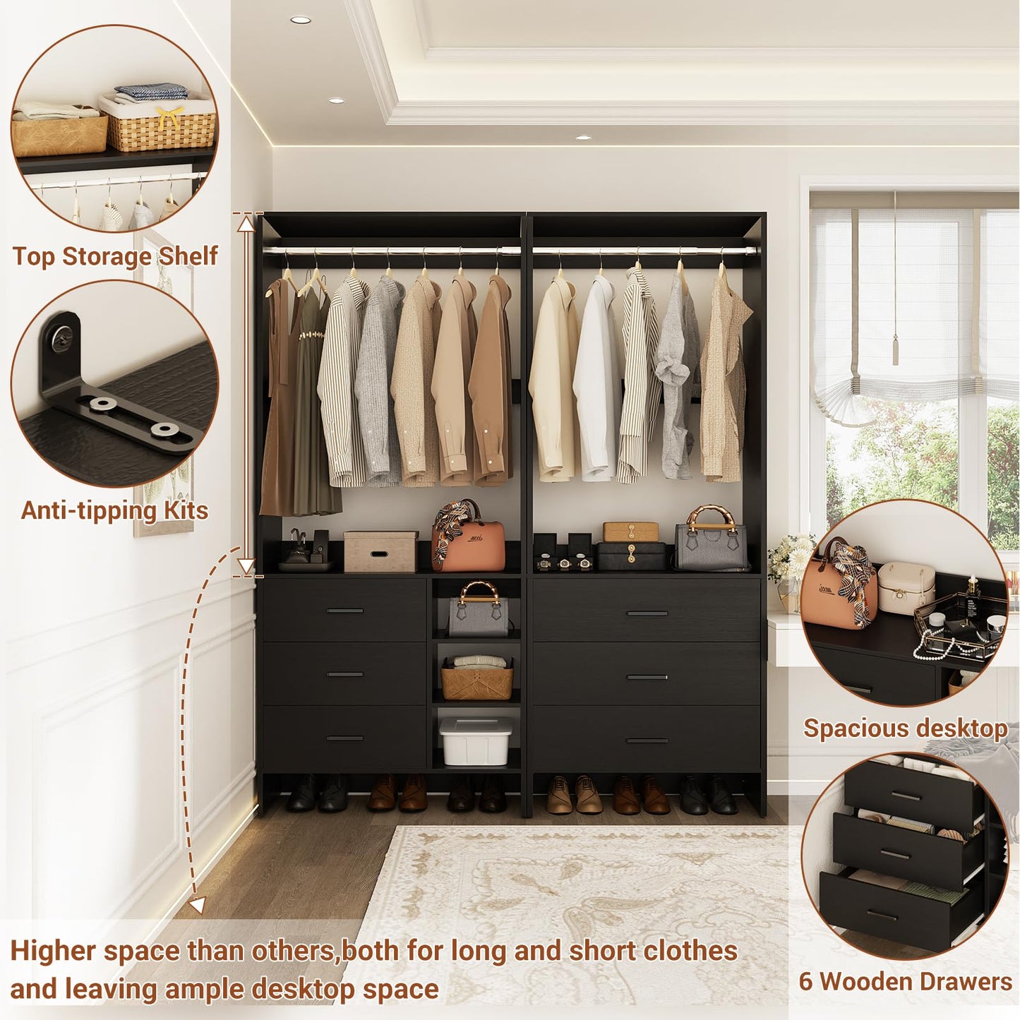 Aheaplus Closet System with 6 Drawers, 4.5ft Wood Closet Organizer System, Walk-in Closet or Small Closets Wardrobe, Clothes Rack with Hanging Rods, Set of 2 Black