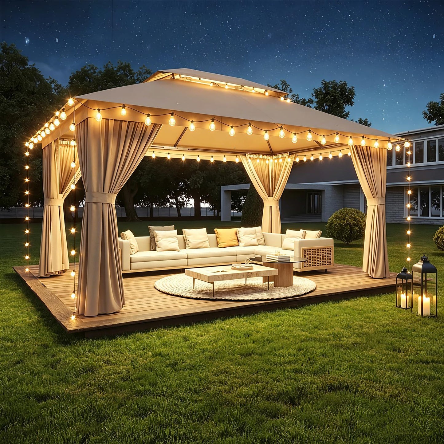 Aoxun 10x12 Outdoor Gazebo with 50FT LED Hanging Lights Metal Frame Canopy with Double Roofs Heavy Duty Party Tent Shelter with Mosquito Netting and Privacy Screen for Backyard, Lawn, Garden(Khaki)
