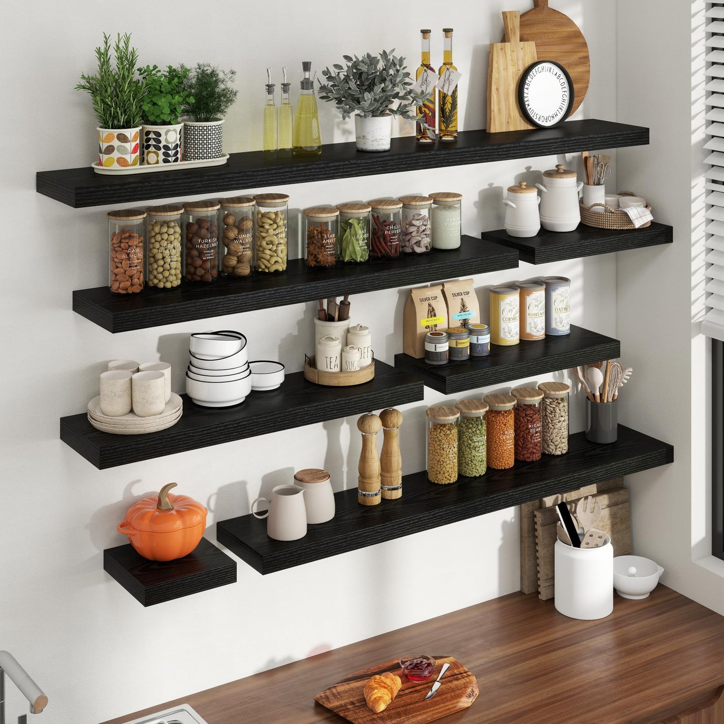 72 Inch Floating Shelves for Wall, 8 Inch Deep Floating Shelf for Storage & Display, Rustic Wall Mounted Shelf with Invisible Brackets for Living Room, Kitchen, Bathroom, Home Decor, Set of 2, Black