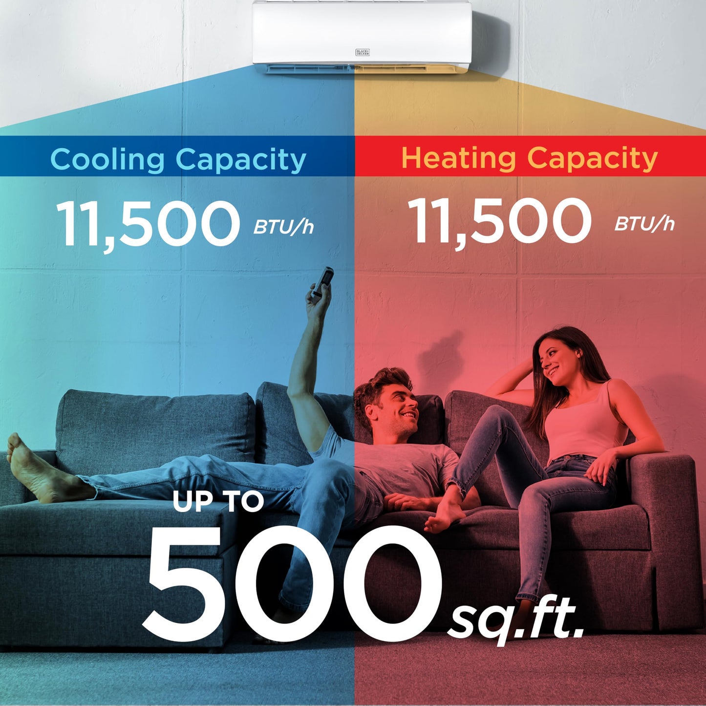 BLACK+DECKER 11,500 BTU Smart Mini Split Air Conditioner with Heat, Inverter Compressor, Wi-Fi, Voice Control, 17 SEER2, 4-in-1 AC Unit, App Available, Remote, 115V, BSA1115TC, White