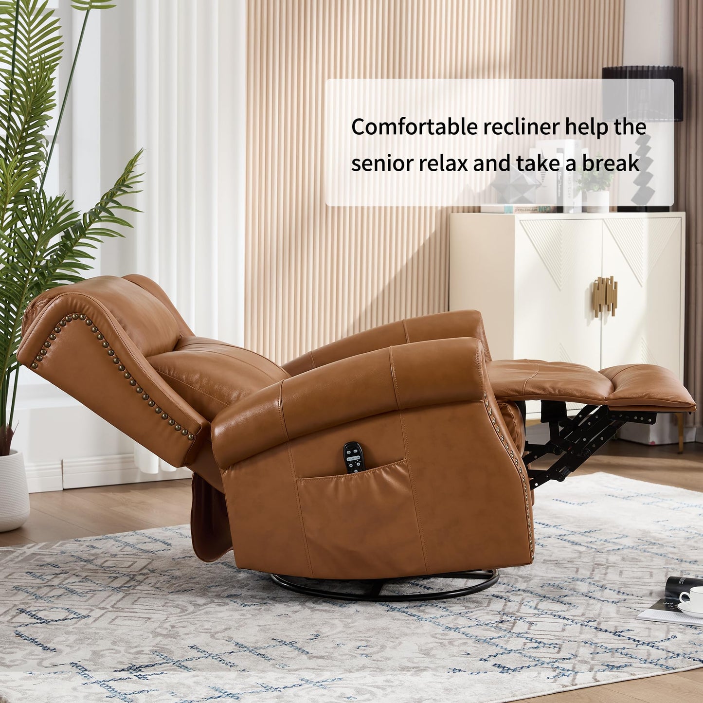 KEIKI Heat Massage Recliner Chair with Rocker & 360° Swivel, Manual Handle Reclining Lounge Chair with Lumbar Heat, Vibration Massage & Cushion Back for Living Room, Light Yellow