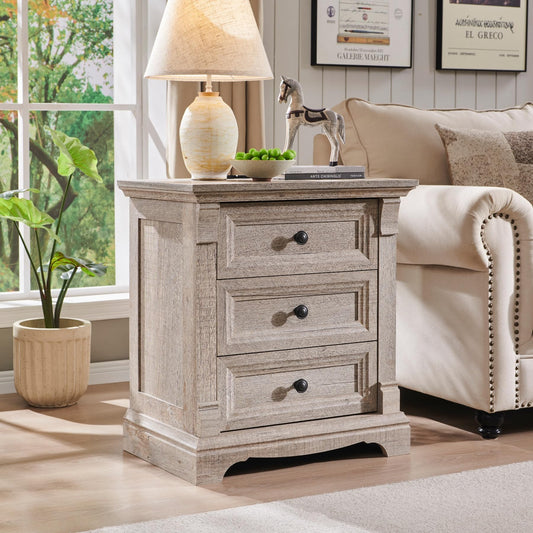 T4TREAM Farmhouse 24" Wide Nightstand with Charging Station, 26" Tall End Table with 3 Drawers Storage, Wood Side Table w/Roman Column, Bedside Cabinet for Bedroom, Living Room, Light Rustic Oak