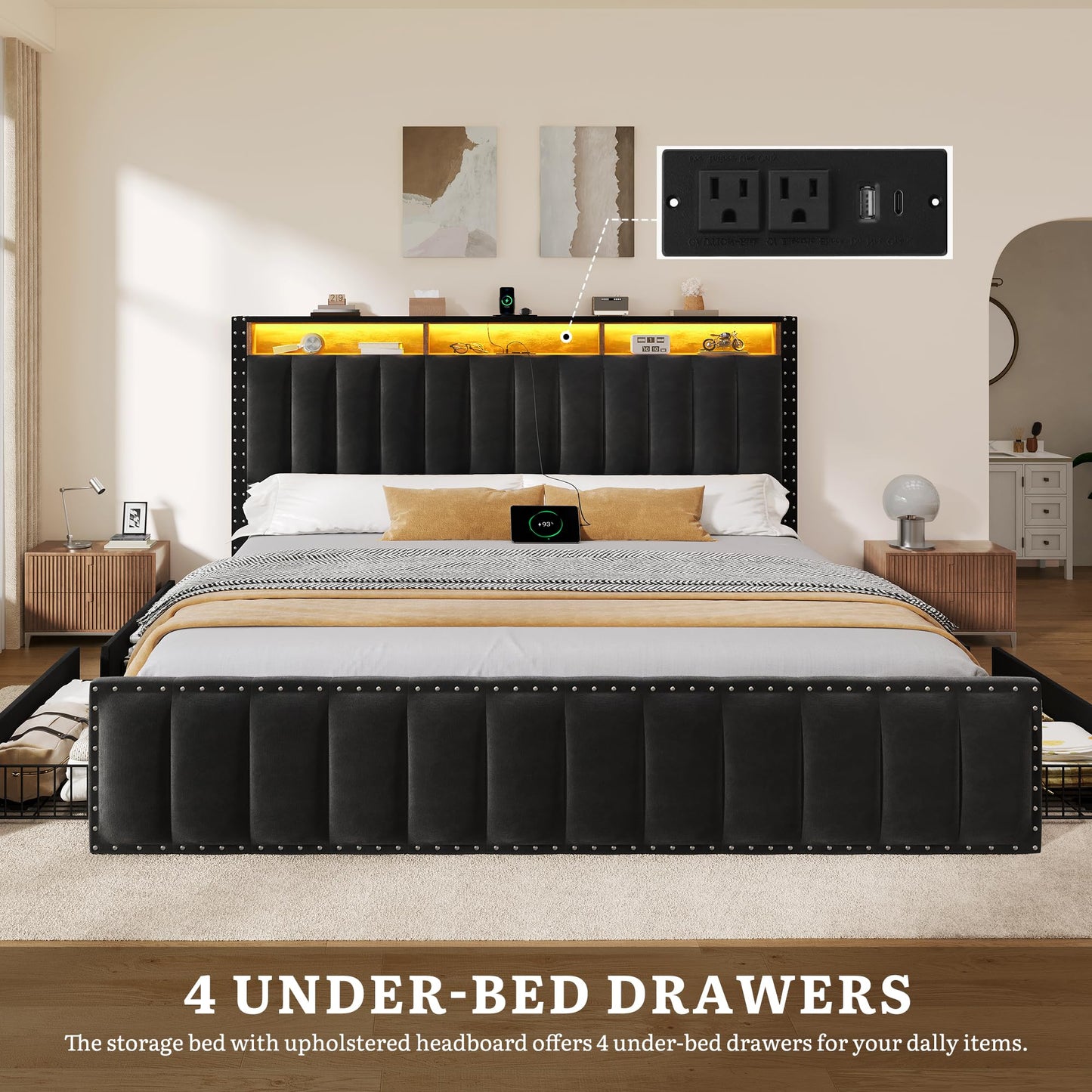 YITAHOME King Size Bed Frame with 4 Storage Drawers and RGB LED Lights, Velvet Upholstered Platform Bed with Charging Station and Bookcase Storage Headboard, No Box Spring Needed, Easy Assembly, Black