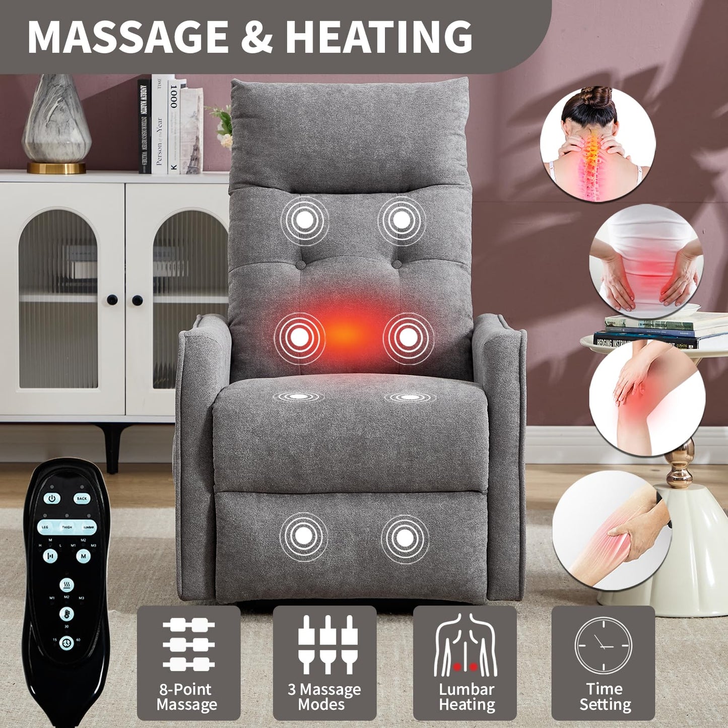 KEIKI Single Motor Power Lift Recliner Chair with Massage and Heat for Home Theater, Soft Fabric Finish with USB Charging Port and Motion Mechanism for Elderly