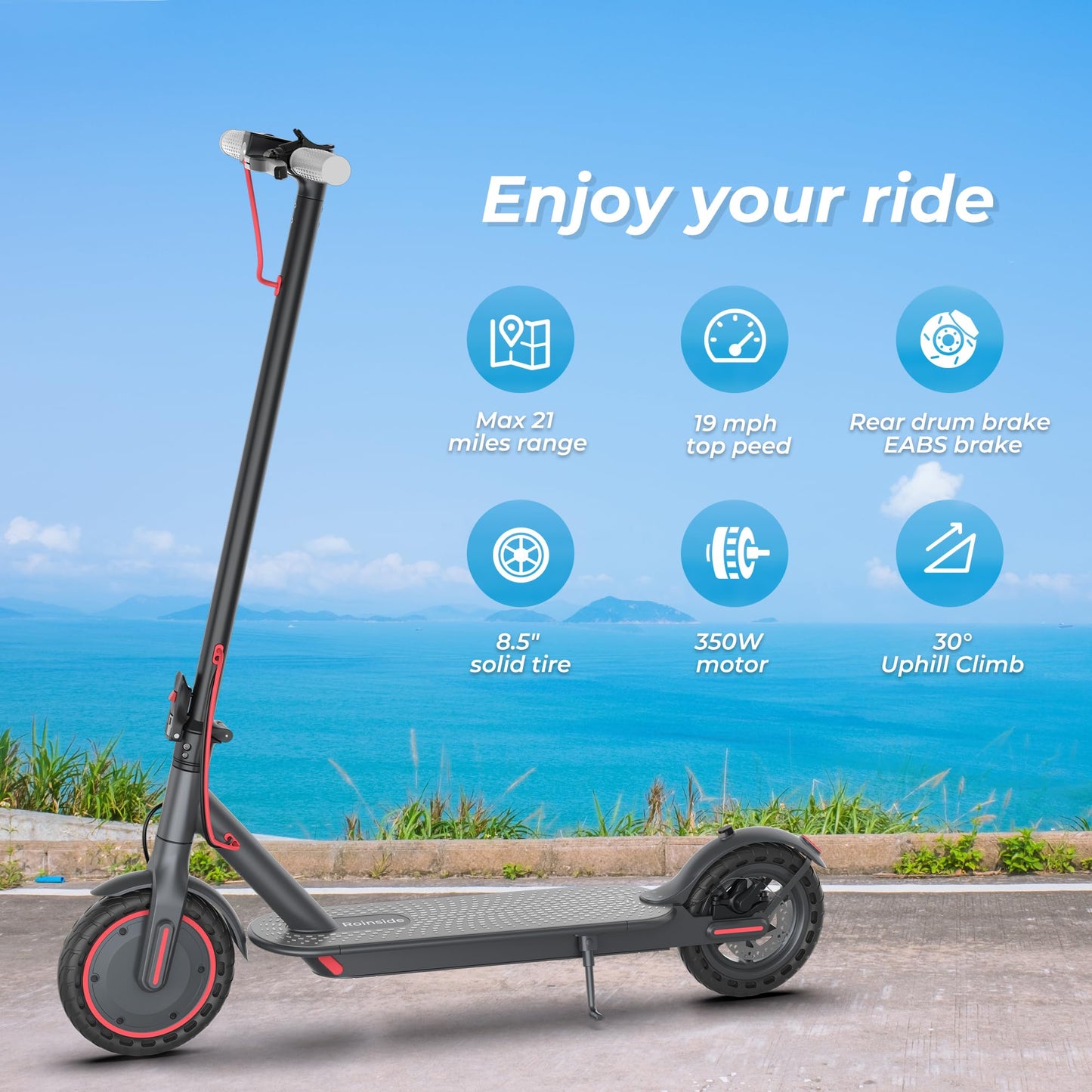Roinside Scooter for Adults- 8.5" Solid Tires/350W Motor, 19 MPH Digital Display, Up to 21 Miles Long-Range Commuting Folding E-Scooter for Adults with Dual Braking System, App Control