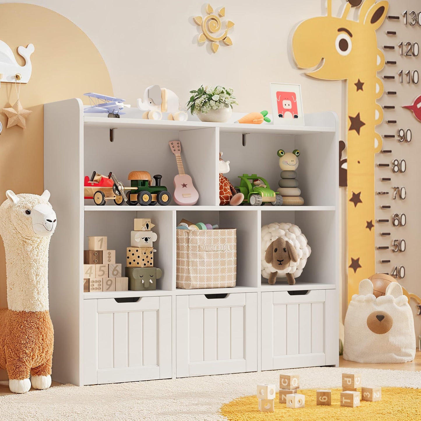 Gizoon Toy Storage Organizer with 3 Movable Drawers and 6 Open Shelves Kids Bookshelf Featuring Fall Prevention Barrier for Playroom Nursery Kids Room Organization, White, Painted