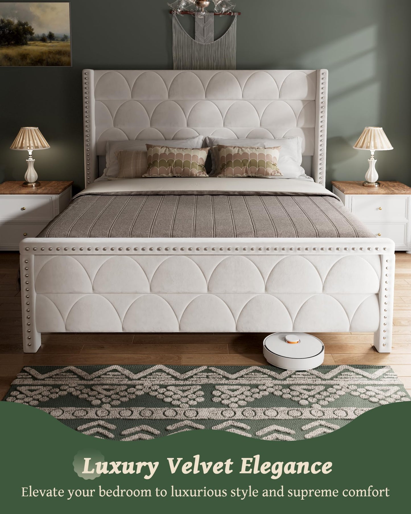 OHOHOLIVE King Size Bed Frame with 56" Headboard - Velvet Upholstered Wingback Platform Bed Frame, Noise Free, Sturdy Wooden Slat Support (Cream, King)