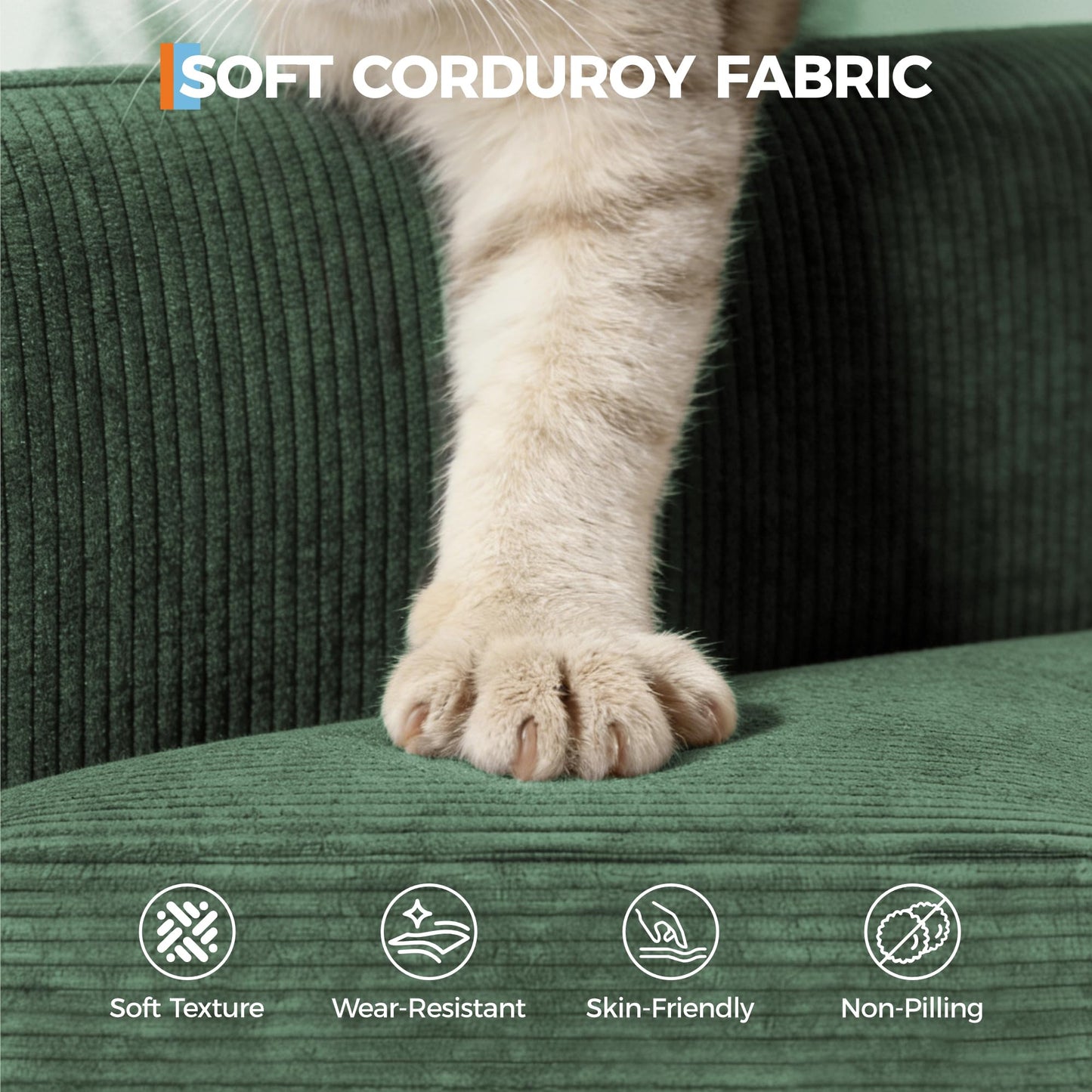 Garvee Modern 86" Corduroy Sofa - Deep Seat Couch with Removable Cover & 2 Throw Pillows, Comfy Upholstered Cushion Sofa for Small Space Apartment & Lounge, Green