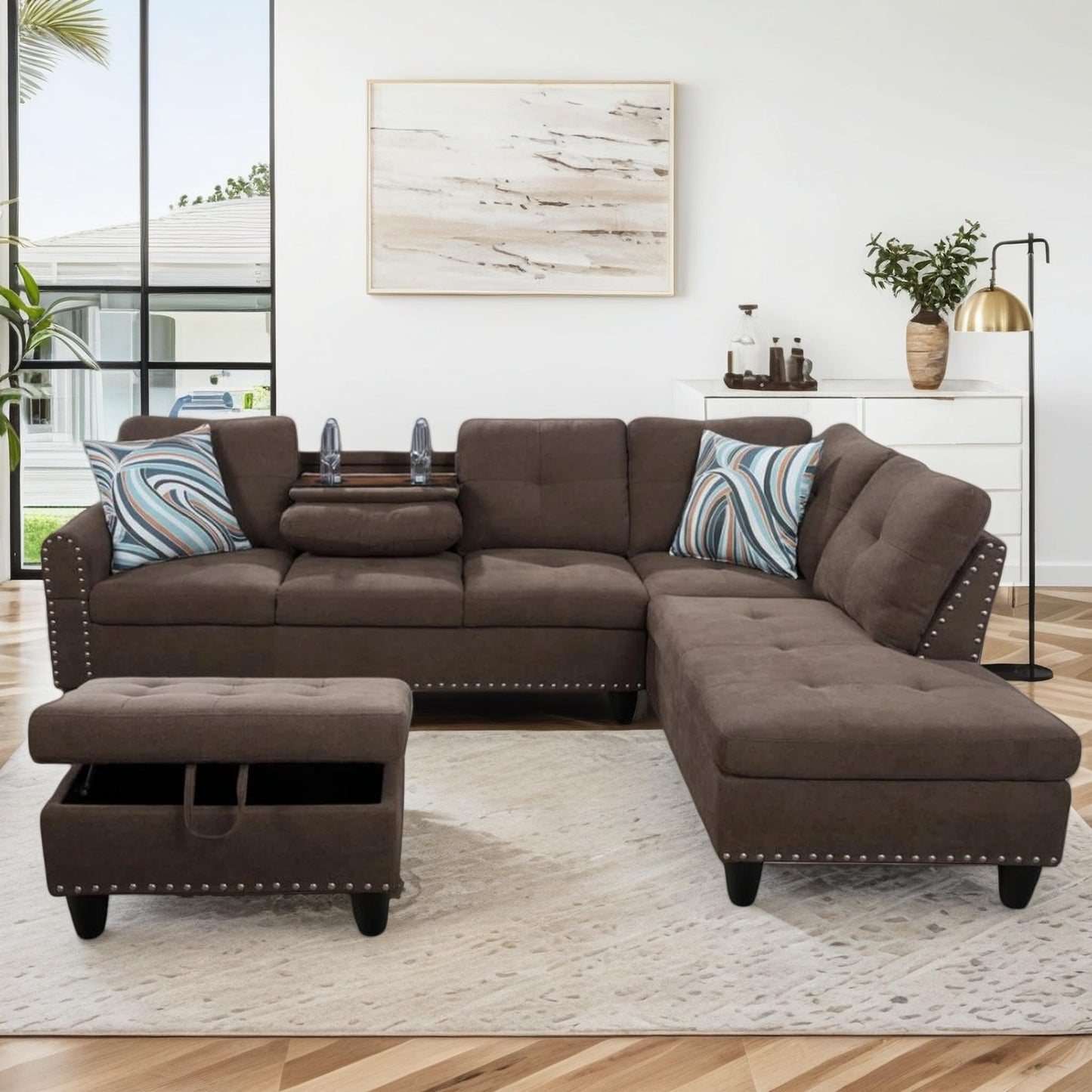 Trygoal 97.5" Linen L Shaped Couch with Right Chaise & Cup Holder, Sectional Sofas Modular Furniture Set with Storage Ottoman, Convertible Couches for Living Room, Small Space & Office (Brown)