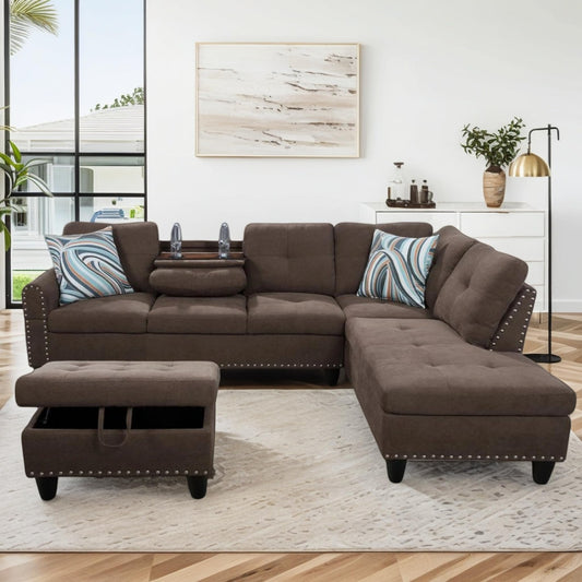 Trygoal 97.5" Linen L Shaped Couch with Right Chaise & Cup Holder, Sectional Sofas Modular Furniture Set with Storage Ottoman, Convertible Couches for Living Room, Small Space & Office (Brown)