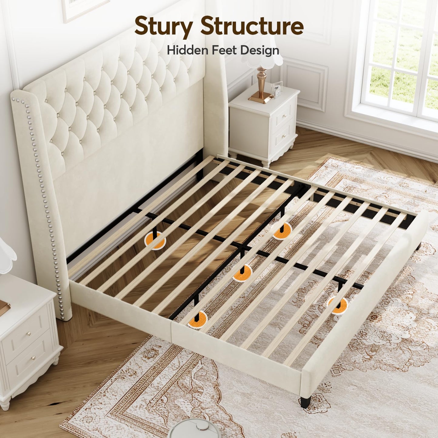 SEREINEY Queen Bed Frame with 55" Tall Headboard, Upholstered Bed Frames, Soft Fabric, Button Tufted Headboard with Windback, Platform Bed, Noise-Free, No Box Spring Needed, Beige