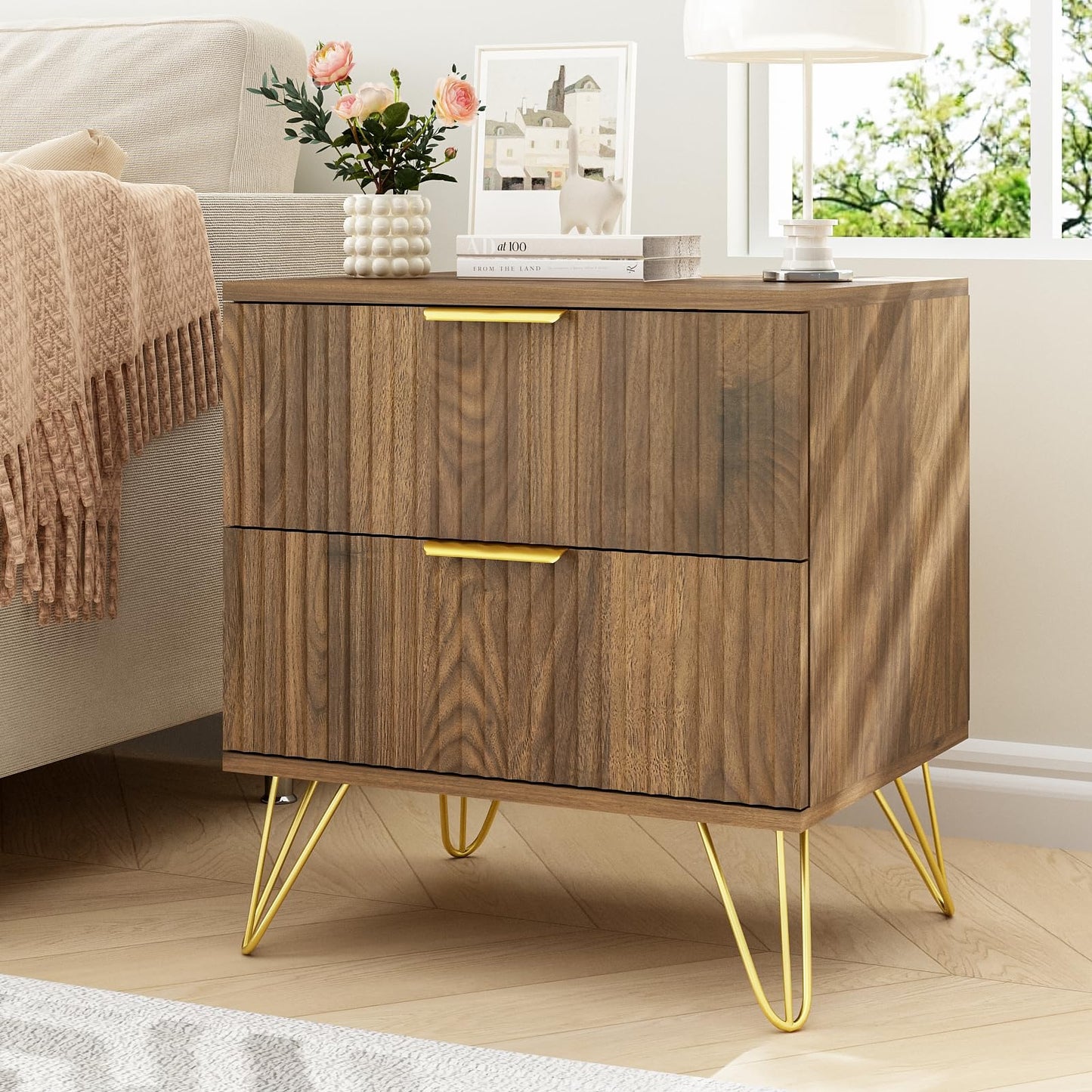 Sscaktu 7 Drawer Dresser and Nightstand Sets for Bedroom, 3 Pcs Bedroom Set，Night Stand Set of 2 & 7 Drawer Dresser with Gold Handles, Wood Chest of Drawers Mid Century Storage Cabinet Set, Natural