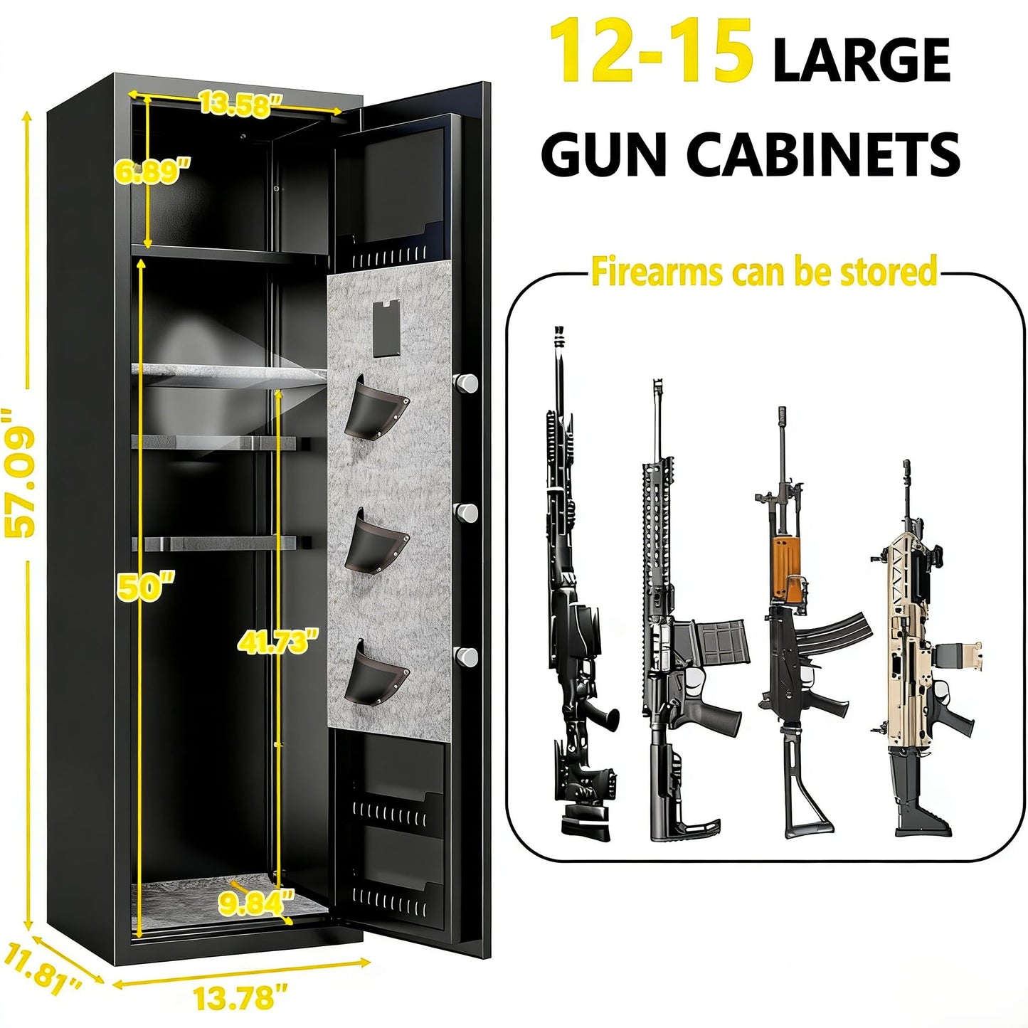 Bezuny No Assembly Required Gun Safe for Rifles and Pistols Fingerprint,14" W x 58" H Adjustable Gun Cabinet for Home,14-15 Gun Safes for Rifle and Password Lock,Black