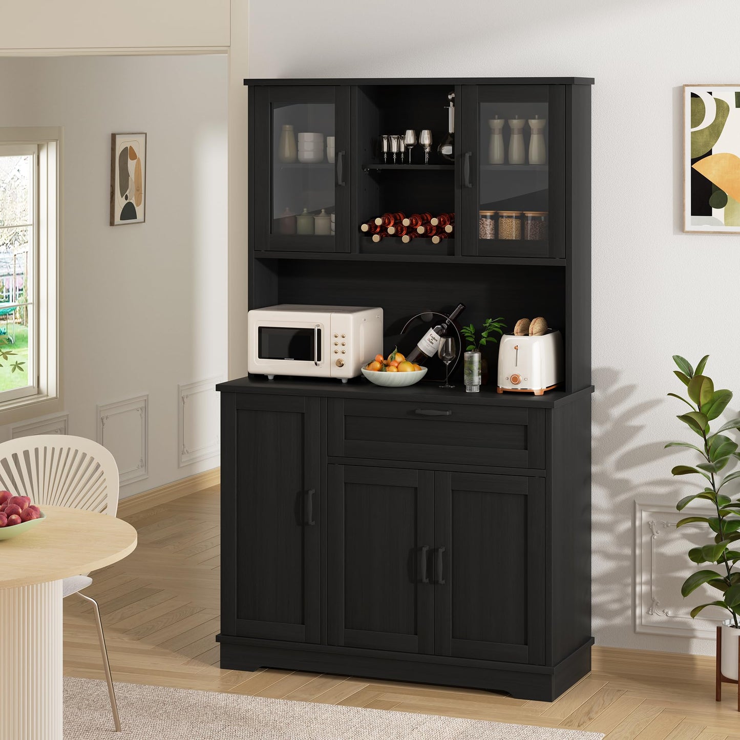 Shintenchi Kitchen Pantry Storage Cabinet, Freestanding Buffet Cabinet with Microwave Stand & 3 Door Shelves, Kitchen Hutch with Doors, Adjustable Shelves and Wine Rack, Black
