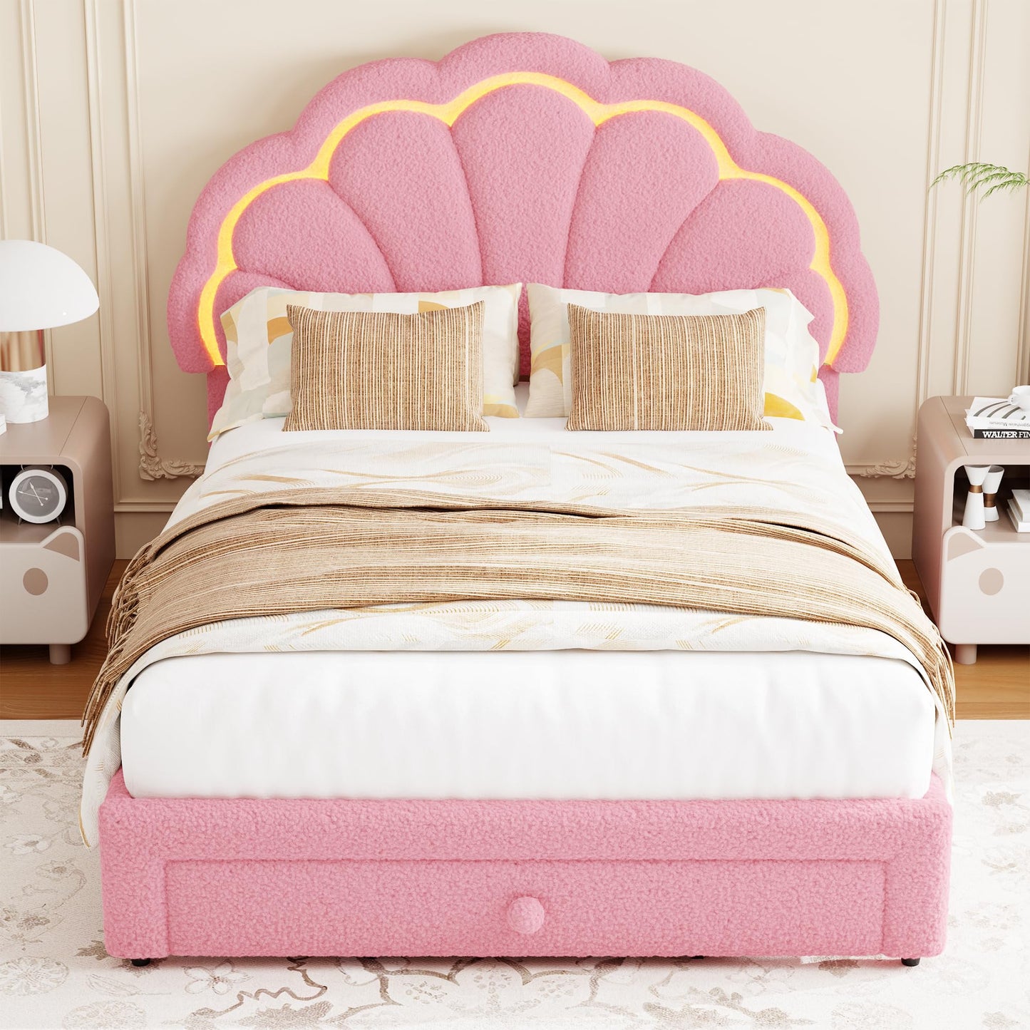Garvee Full Upholstered LED Bed Frame - with Storage Drawer and Adjustable Chic Headboard, Berber Fleece Princess Platform Bed for Kids, Wood Support, No Box Spring Needed, Easy Assembly, Pink