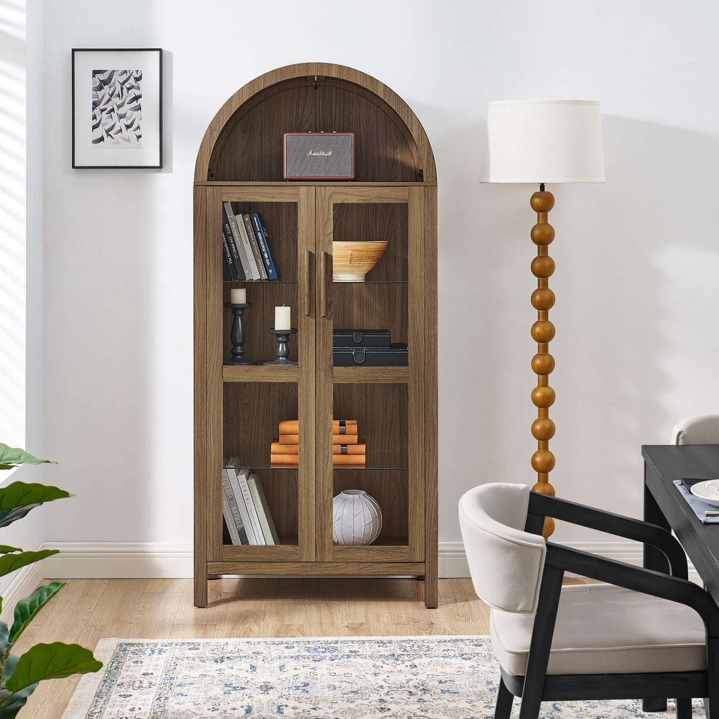 KEIKI 67" H Arched Display Storage Cabinet with Glass Doors, Adjustable Glass Shelf & LED Lights, Wood Retro-Style Curio China Collectibles Book Case Shelves Bookcase for Living Room, Home Office