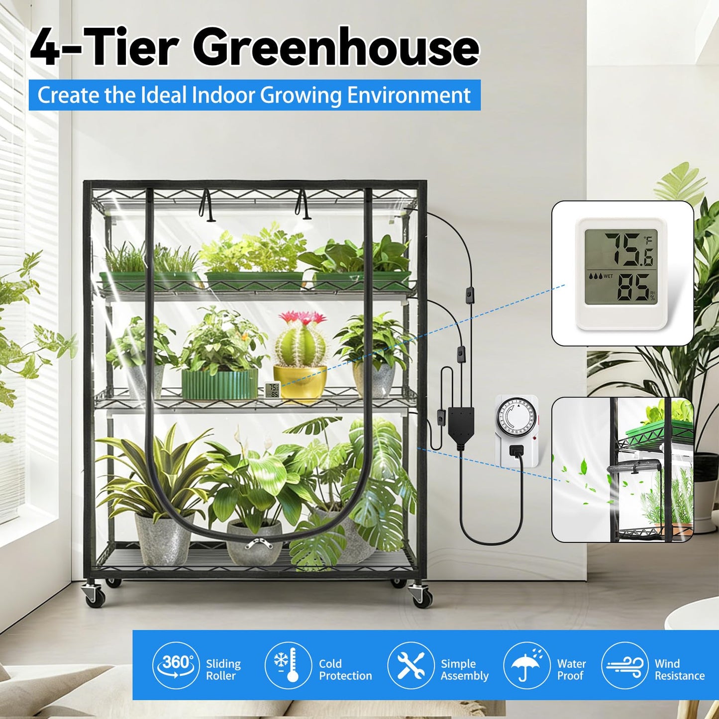 JESLED Indoor Greenhouse with Grow Light, 3FT Full Spectrum 5000K LED Light for Seed Starting, Tiered Lighting Control, Built-in Timer & Thermo-Hygrometer, Rolling Metal Plant Stand (35.4x13.8x59IN)