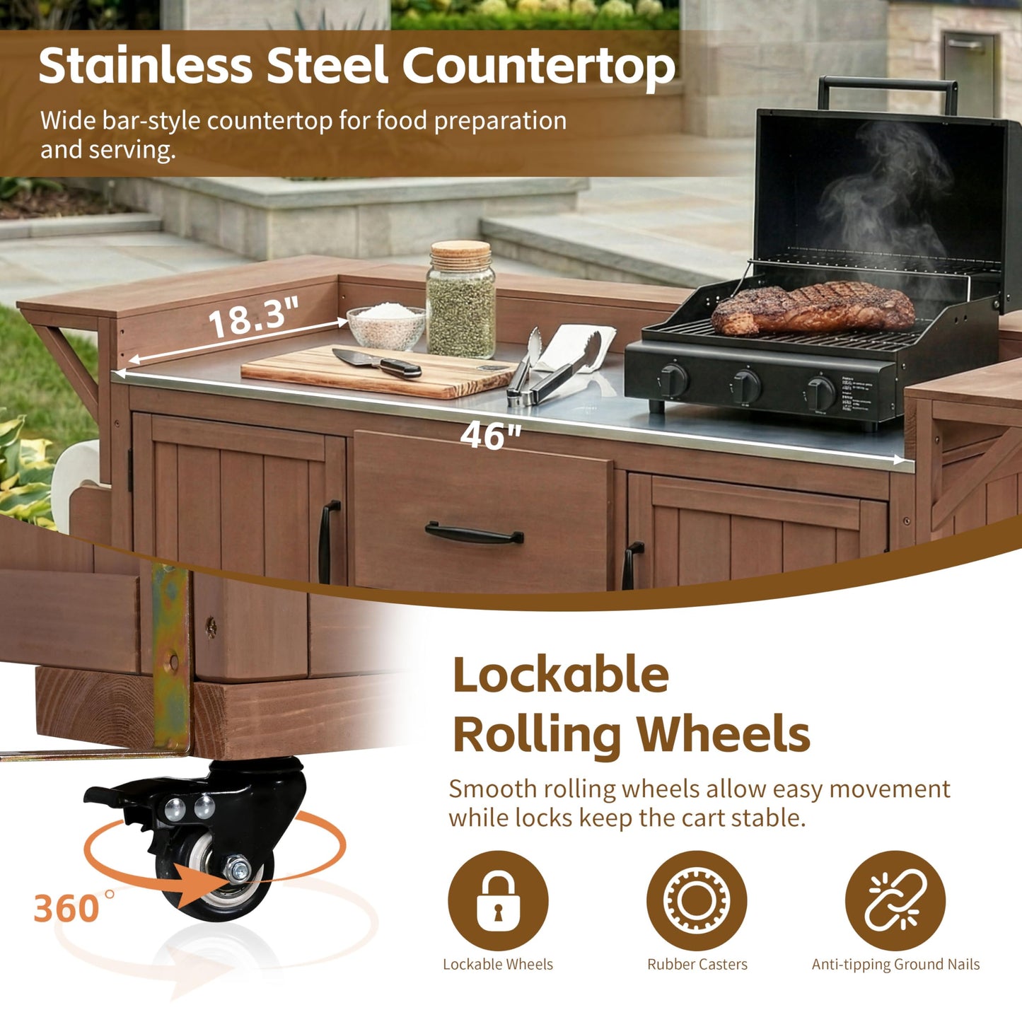 Merax 60.2''W Outdoor Kitchen Island on Wheels with Stainless Steel Top, Wood Rolling Patio Grill Cart with Storage Cabinets, Drawers, Spice Rack & Wine Rack, Outdoor Grill BBQ Prep Table, Brown