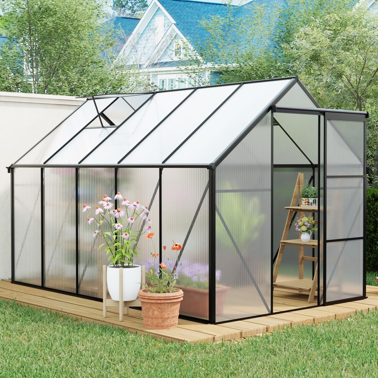KEIKI 6x10 FT Polycarbonate Greenhouse with Aluminum Frame,Raised Base and Roof Vent,Walk-in Greenhouses for Patio Garden