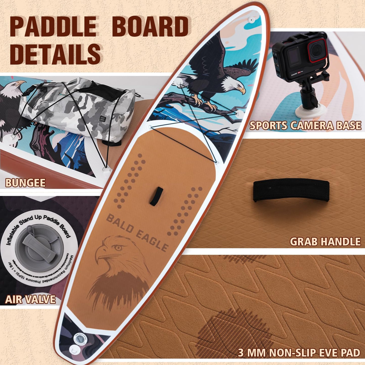 FEATH-R-LITE Inflatable Paddle Board Stand Up Paddleboards for Adults SUP with Premium Accessories Pump, Adjustable Paddle, Leash, Three Fins, Backpack (Ash Eagle)